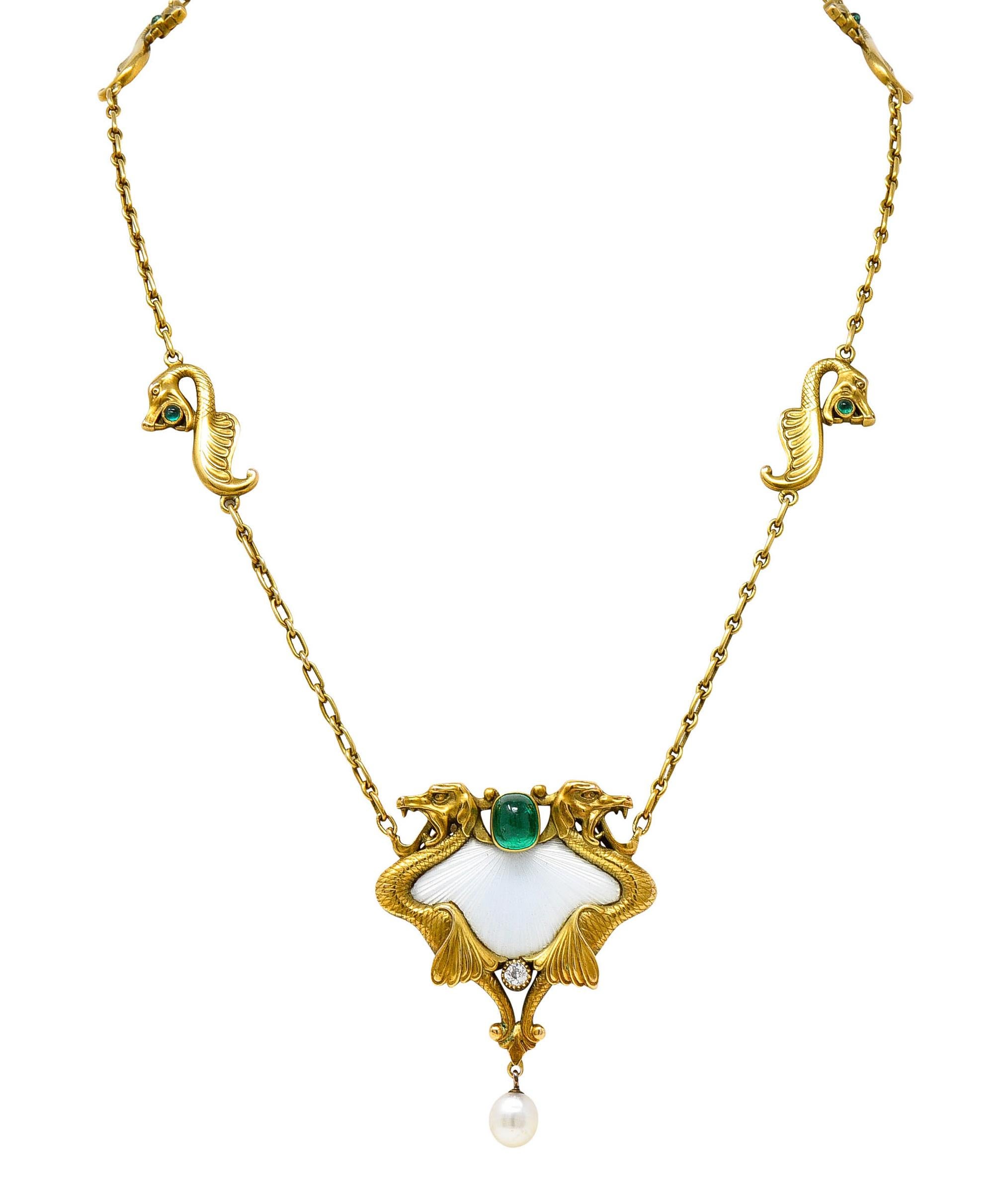 Jugendstil Schlangenhalskette, Diamant Smaragd Emaille Perle 14 Karat Gold 6