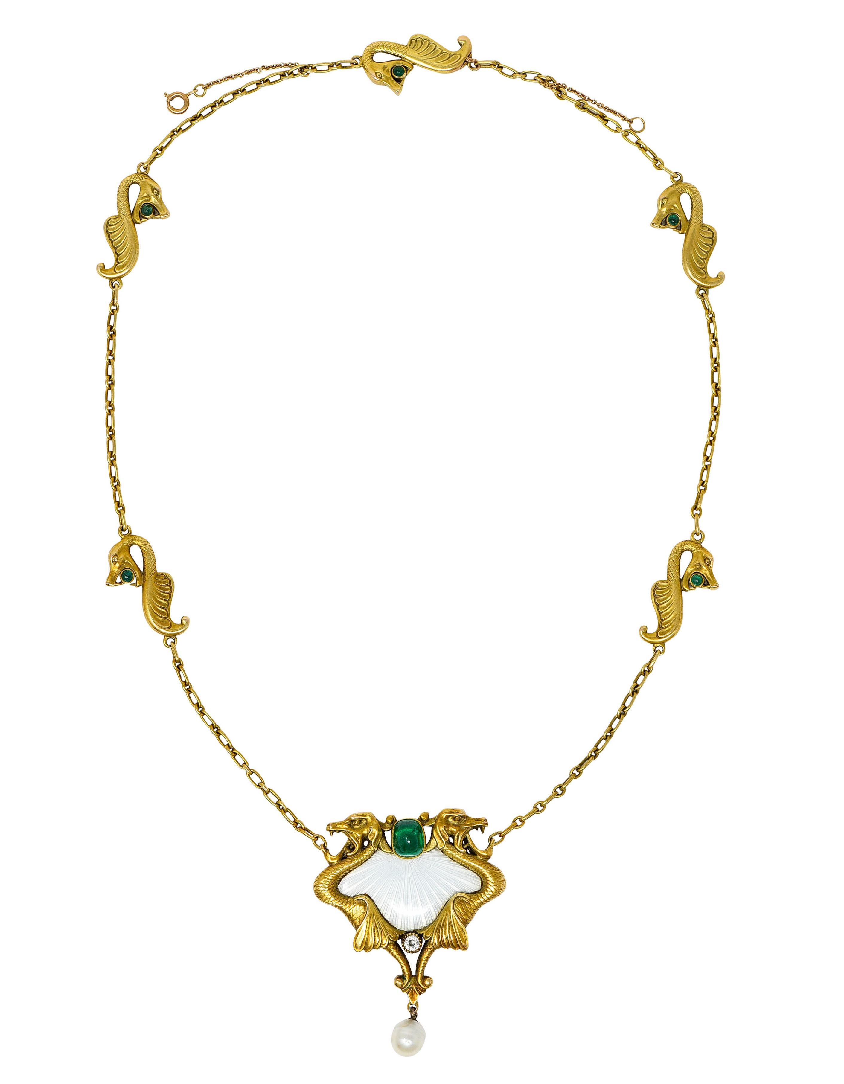 Art Nouveau Diamond Emerald Enamel Pearl 14 Karat Gold Serpent Necklace For Sale 8