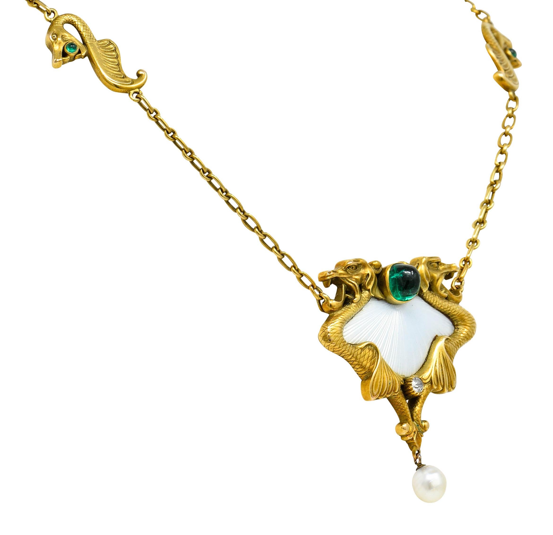 Jugendstil Schlangenhalskette, Diamant Smaragd Emaille Perle 14 Karat Gold (Art nouveau)