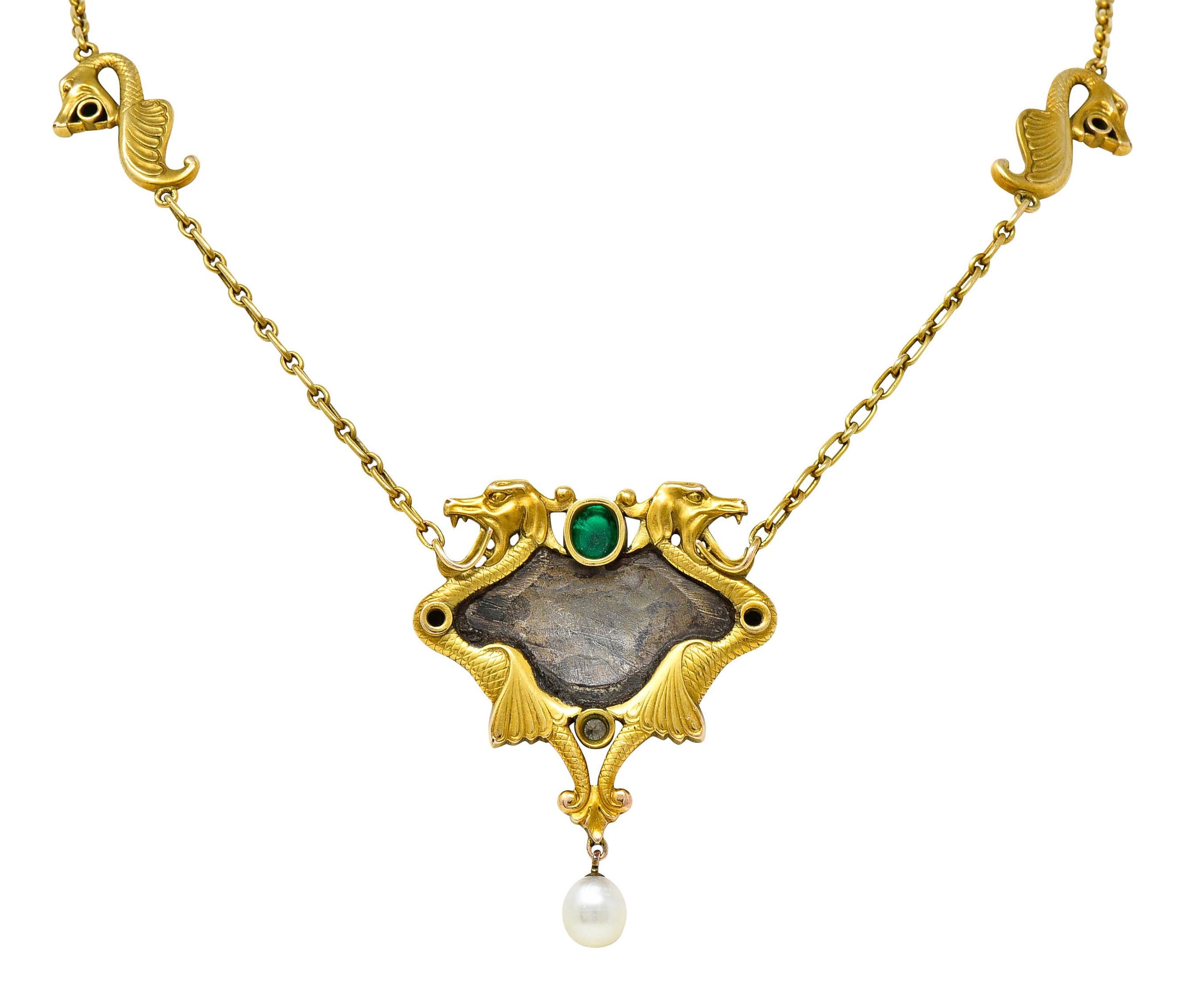 Art Nouveau Diamond Emerald Enamel Pearl 14 Karat Gold Serpent Necklace In Excellent Condition For Sale In Philadelphia, PA