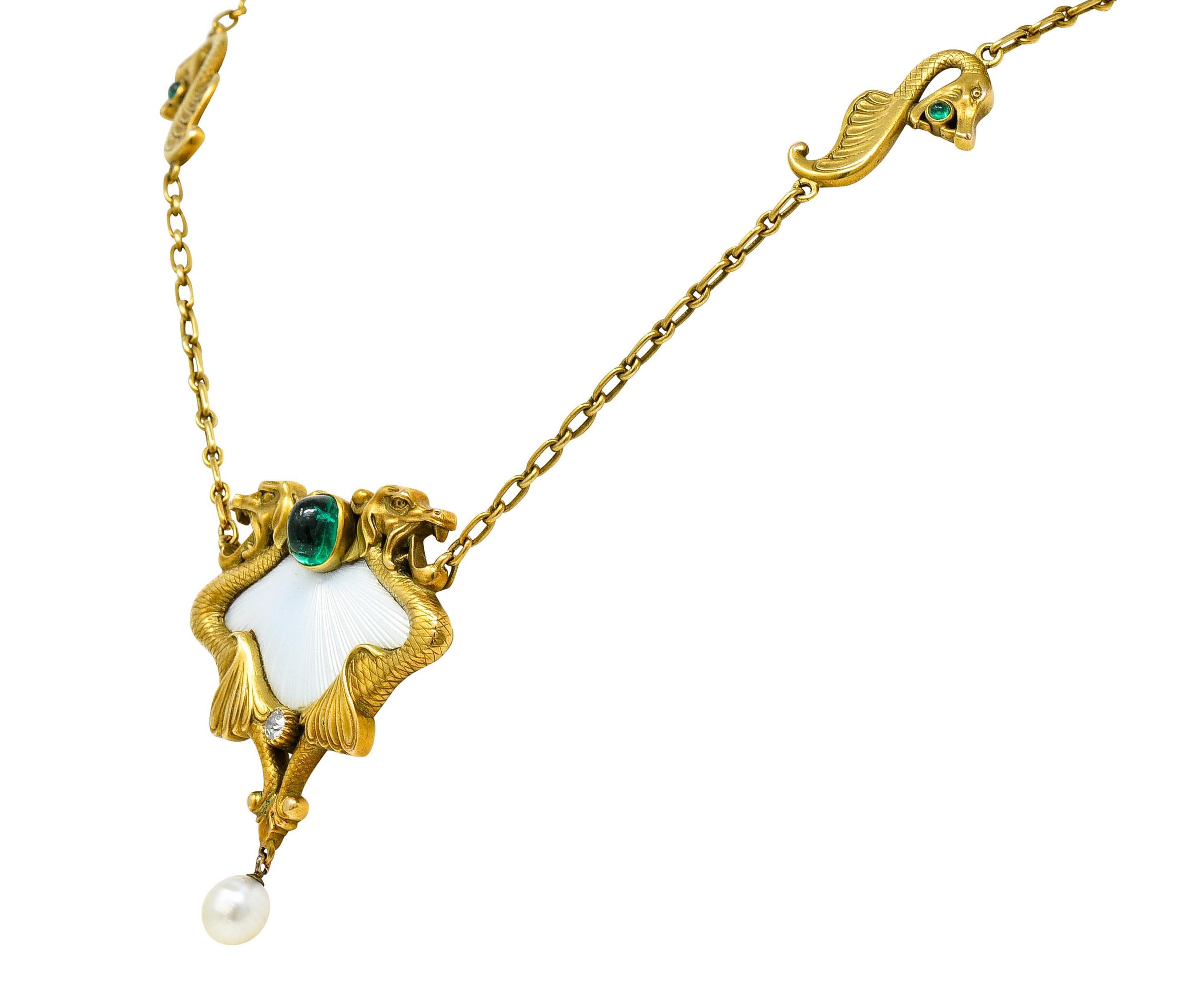 Women's or Men's Art Nouveau Diamond Emerald Enamel Pearl 14 Karat Gold Serpent Necklace For Sale
