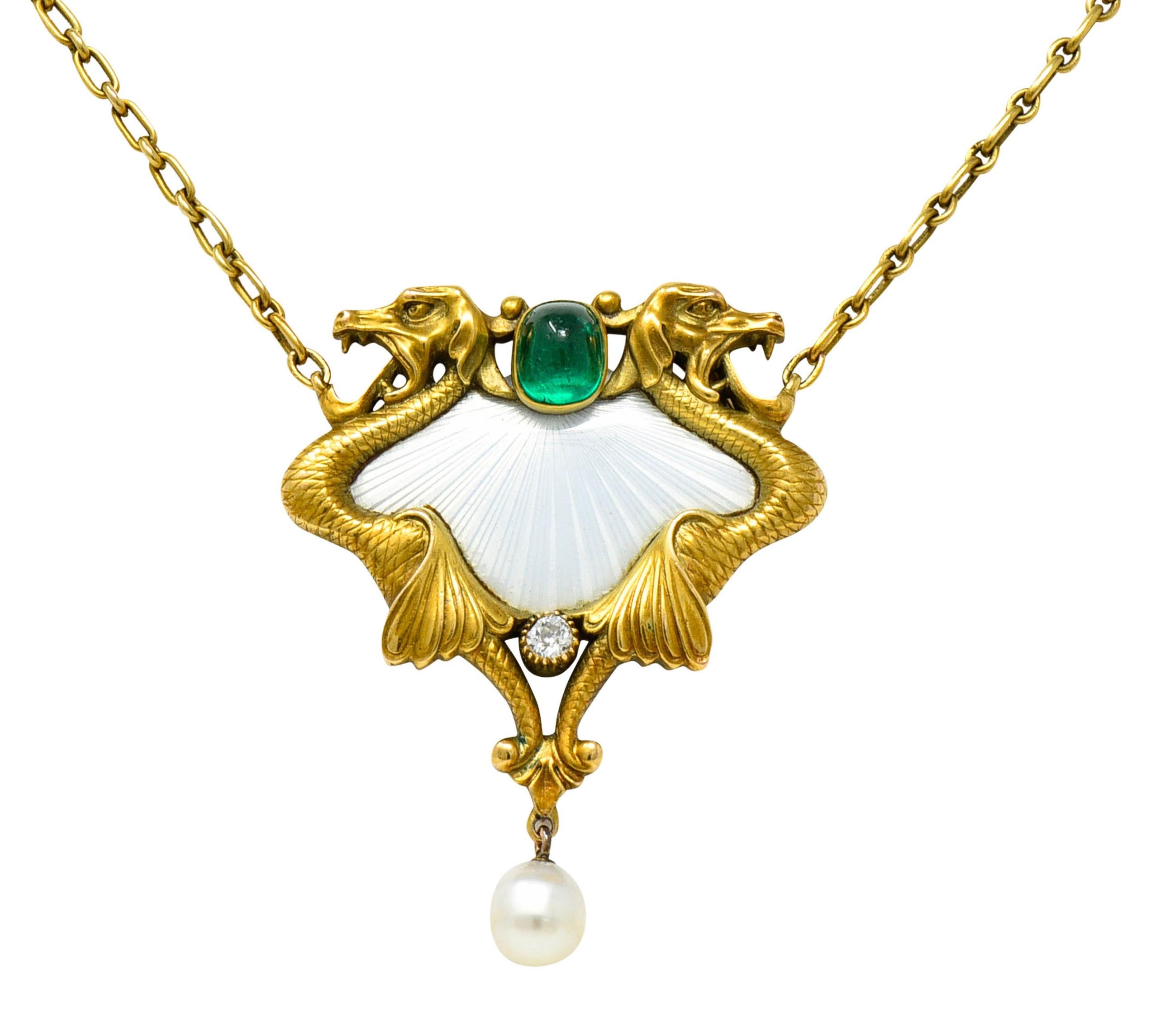 Art Nouveau Diamond Emerald Enamel Pearl 14 Karat Gold Serpent Necklace For Sale 1