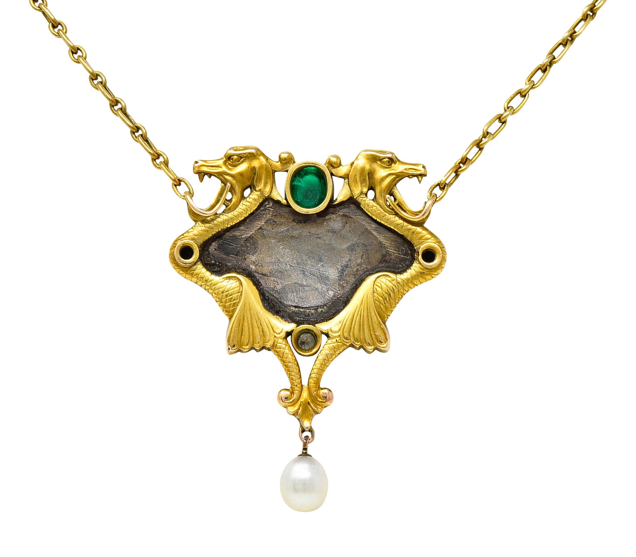 Art Nouveau Diamond Emerald Enamel Pearl 14 Karat Gold Serpent Necklace For Sale 2