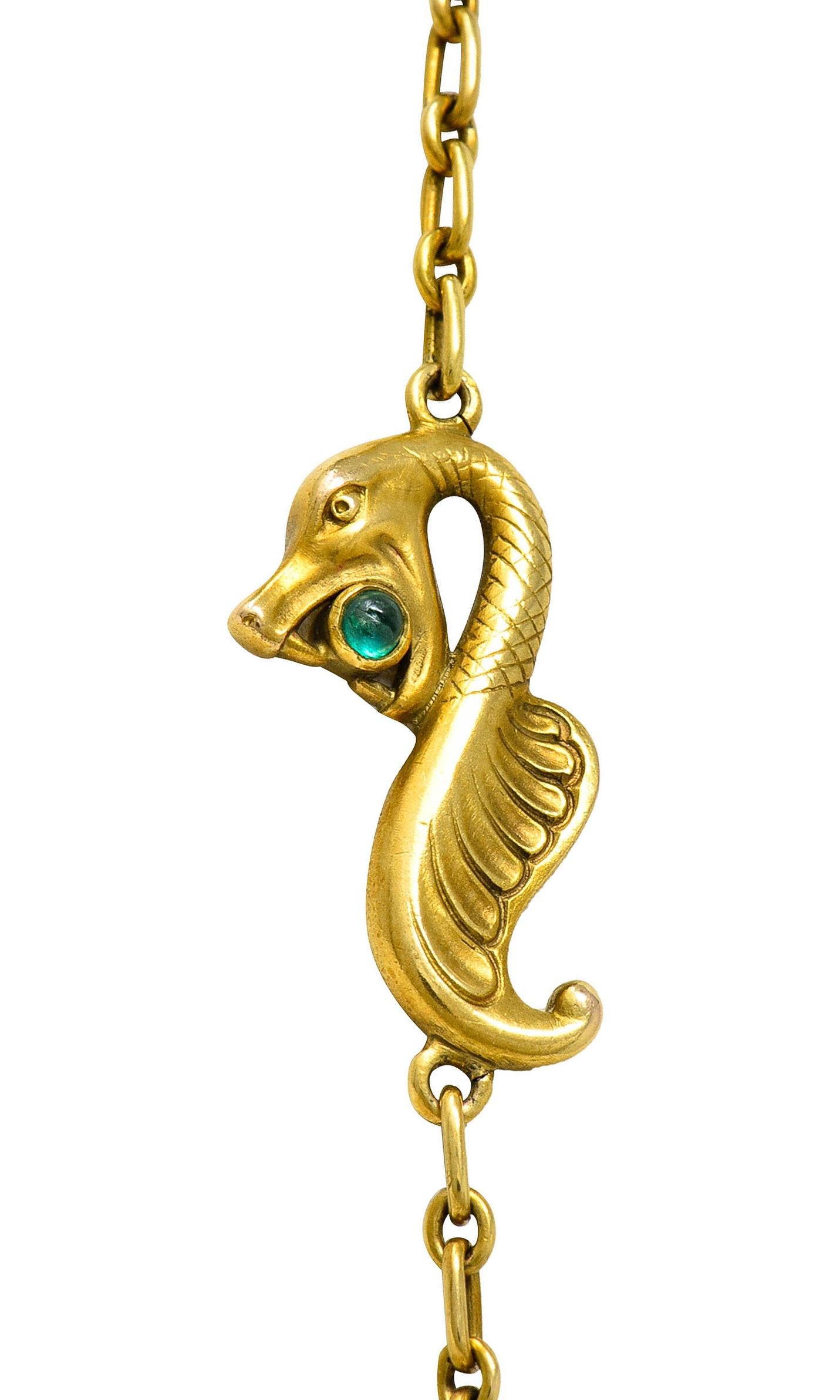 Art Nouveau Diamond Emerald Enamel Pearl 14 Karat Gold Serpent Necklace For Sale 3