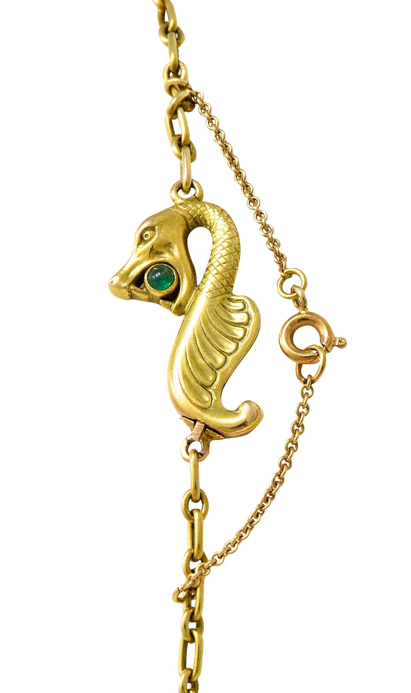 Art Nouveau Diamond Emerald Enamel Pearl 14 Karat Gold Serpent Necklace For Sale 4