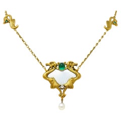 Art Nouveau Diamond Emerald Enamel Pearl 14 Karat Gold Serpent Necklace