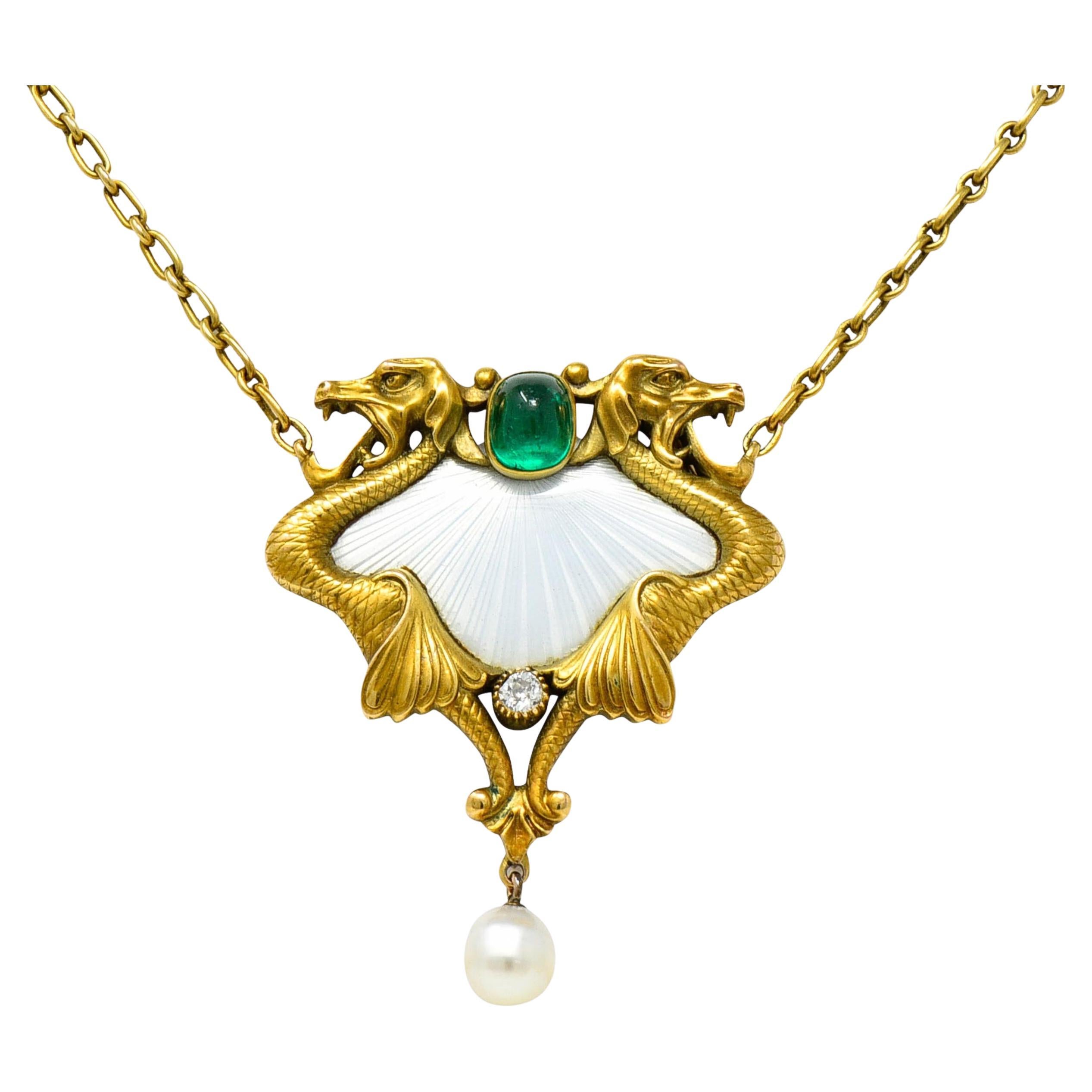 Art Nouveau Diamond Emerald Enamel Pearl 14 Karat Yellow Gold Serpent Necklace