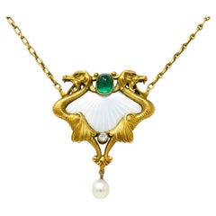 Art Nouveau Diamond Emerald Enamel Pearl 14 Karat Yellow Gold Serpent Necklace