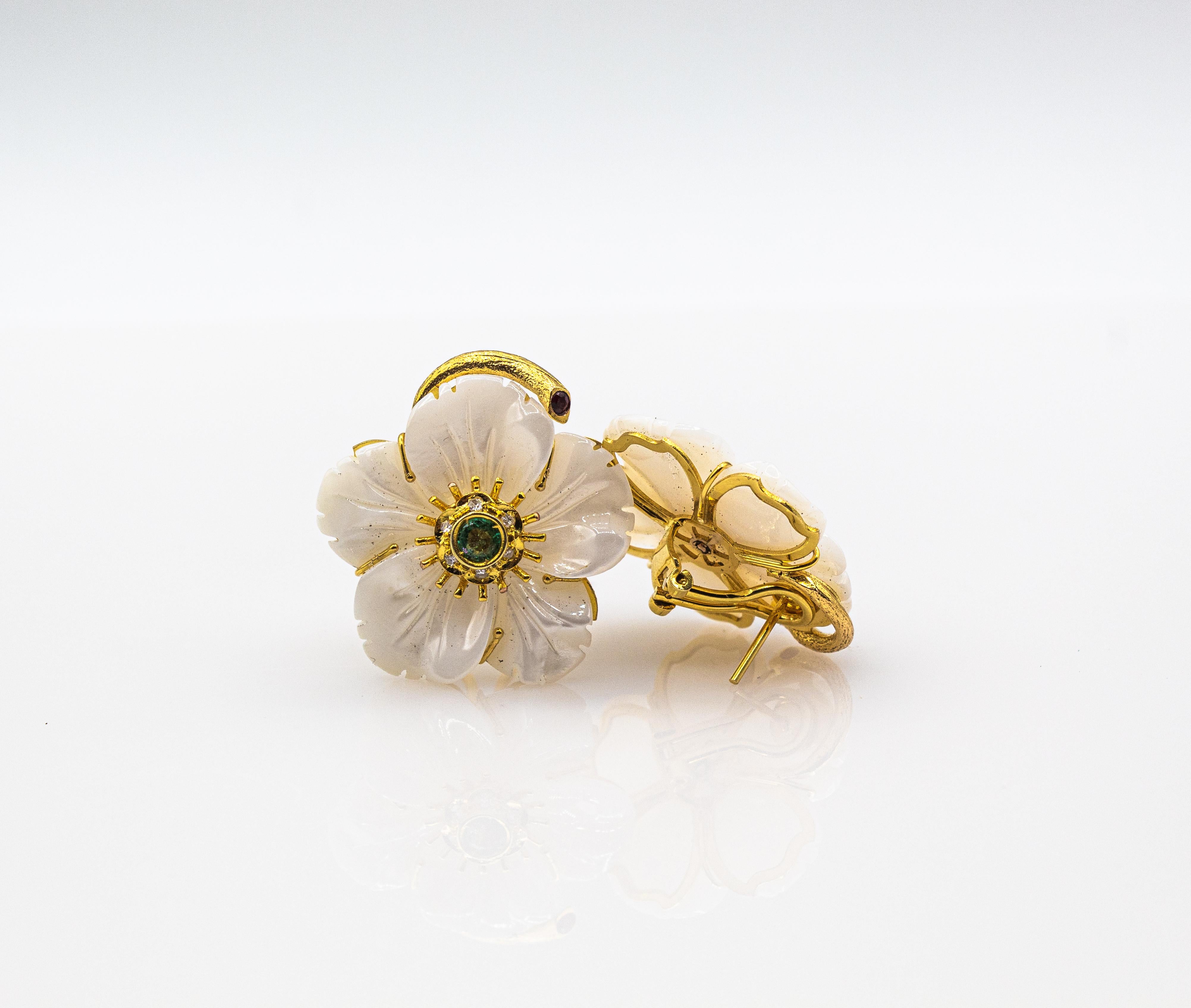 Art Nouveau Diamond Emerald Ruby Mother of Pearl Yellow Gold Flowers Earrings For Sale 5