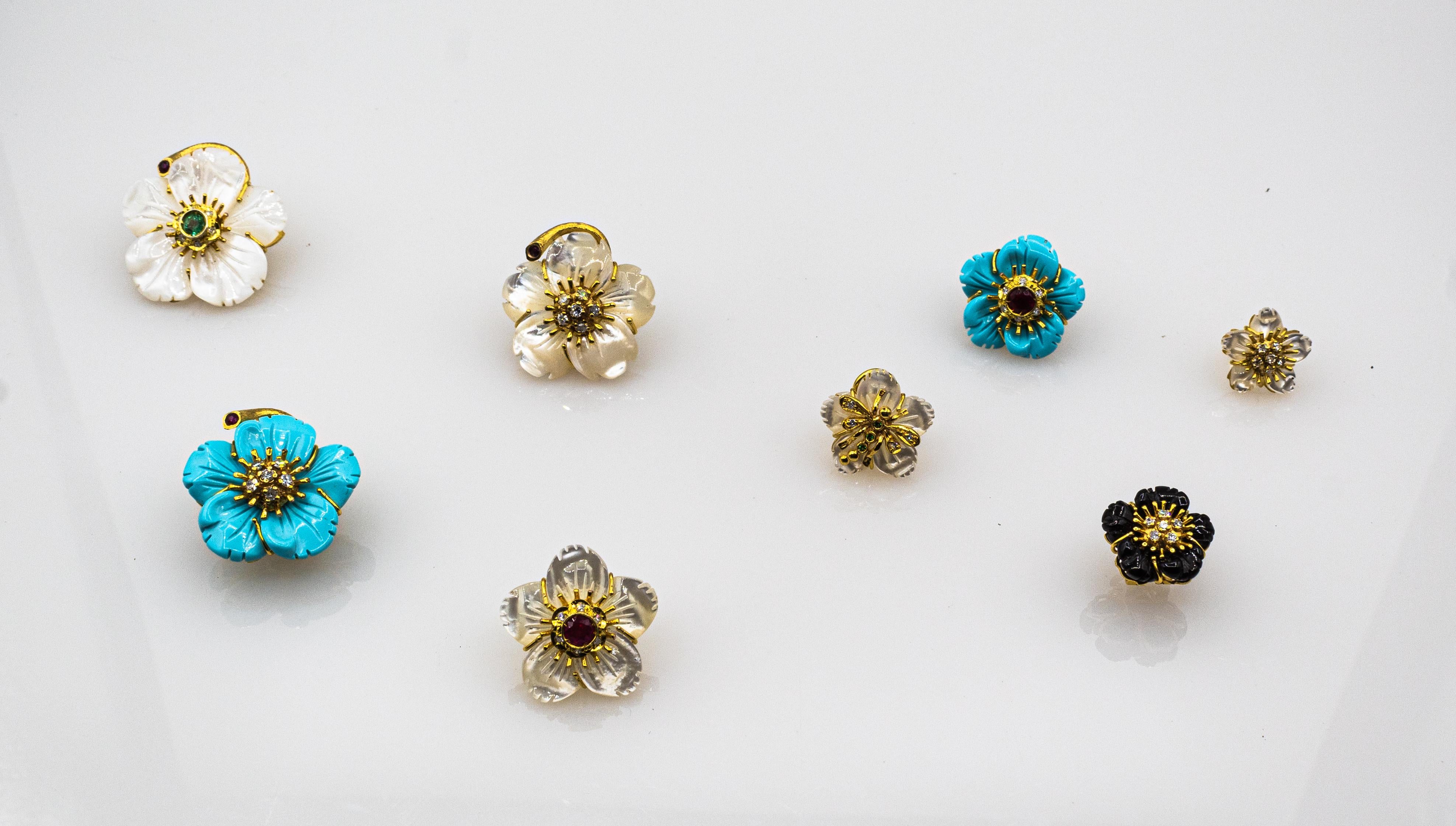 Art Nouveau Diamond Emerald Ruby Mother of Pearl Yellow Gold Flowers Earrings en venta 5