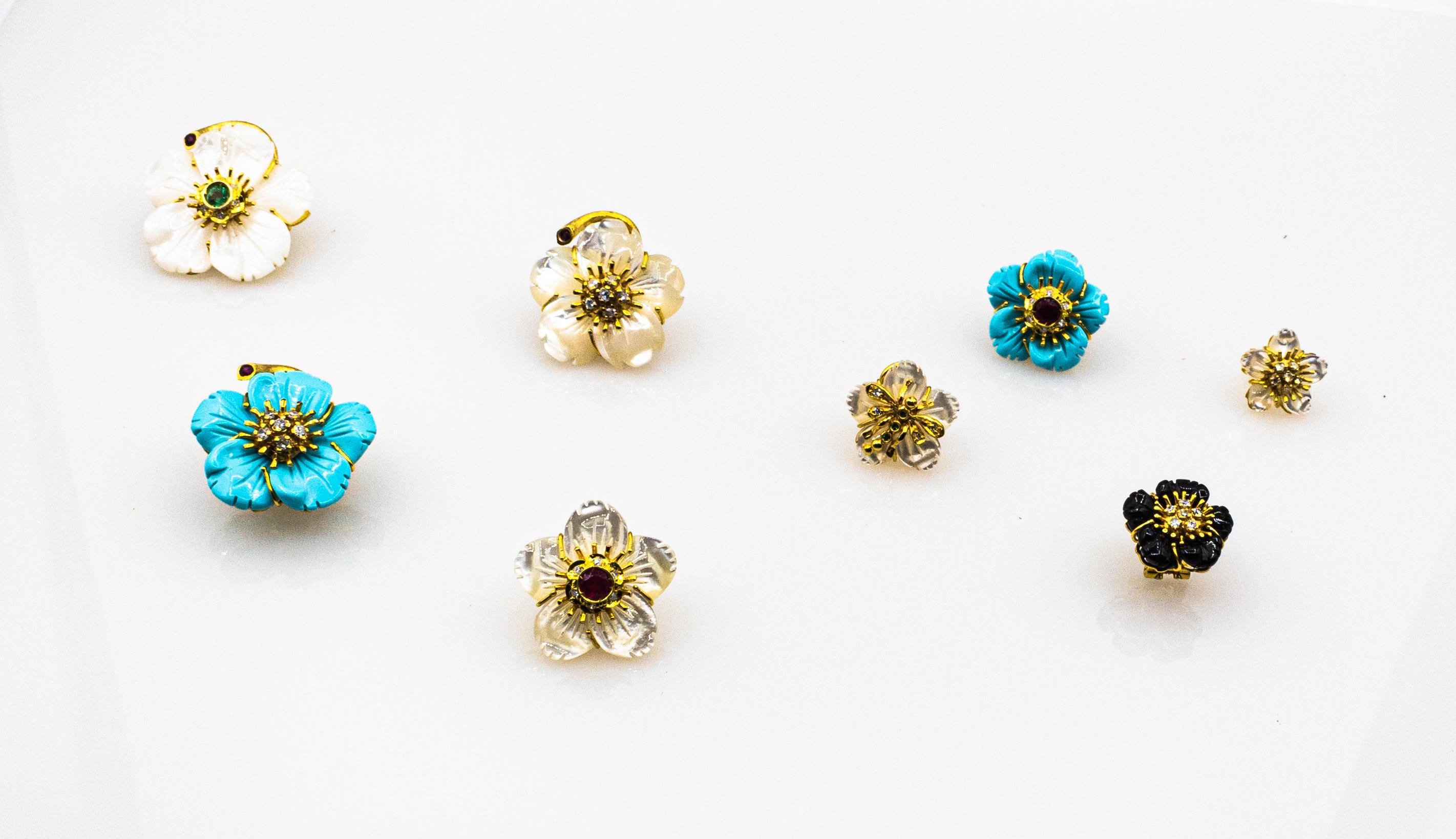 Jugendstil Diamant-Smaragd-Rubin-Perlmutt-Ohrringe aus Gelbgold mit Blumen im Angebot 9