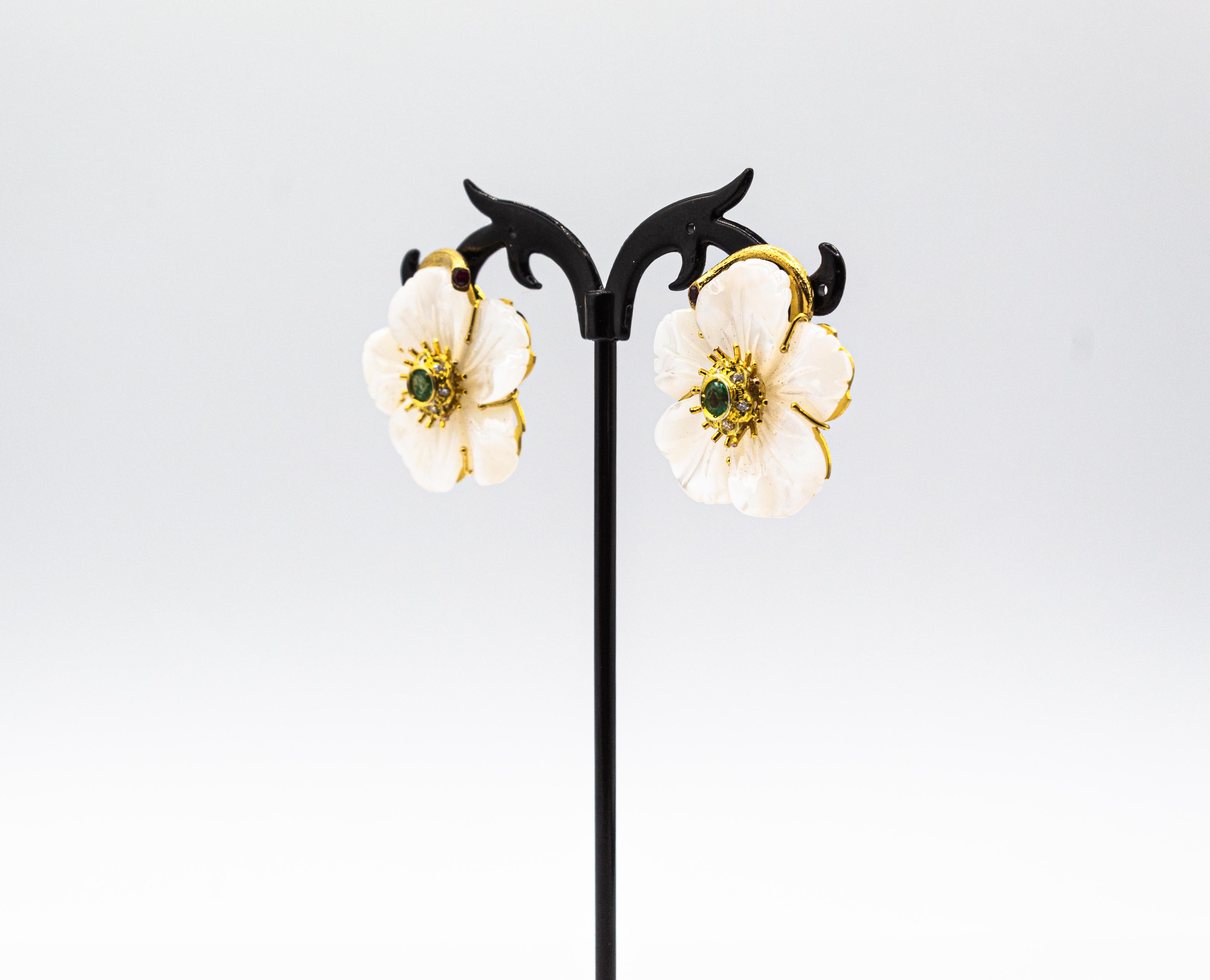 Art Nouveau Diamond Emerald Ruby Mother of Pearl Yellow Gold Flowers Earrings For Sale 2