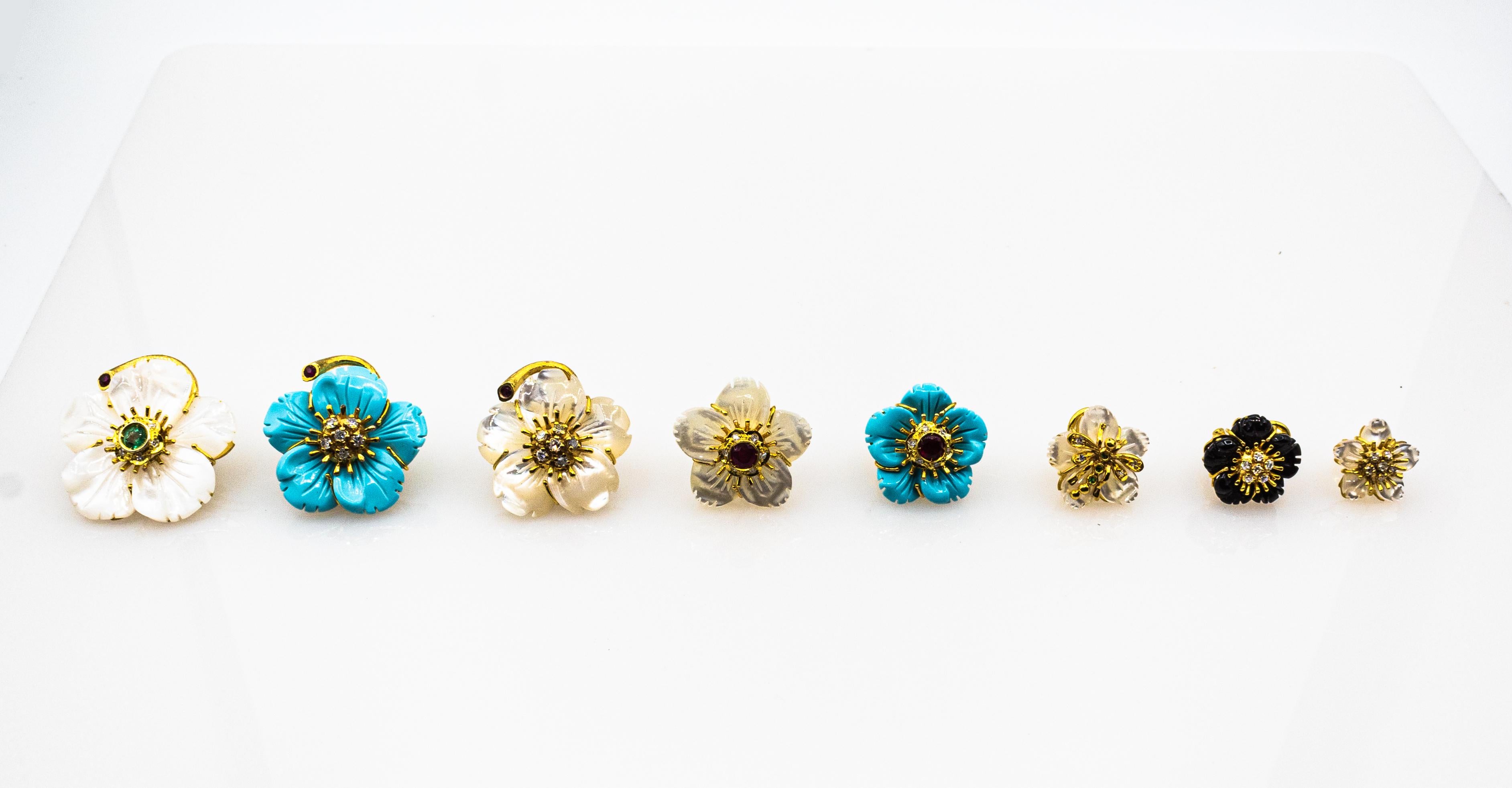 Art Nouveau Diamond Emerald Ruby Mother of Pearl Yellow Gold Flowers Earrings en venta 2
