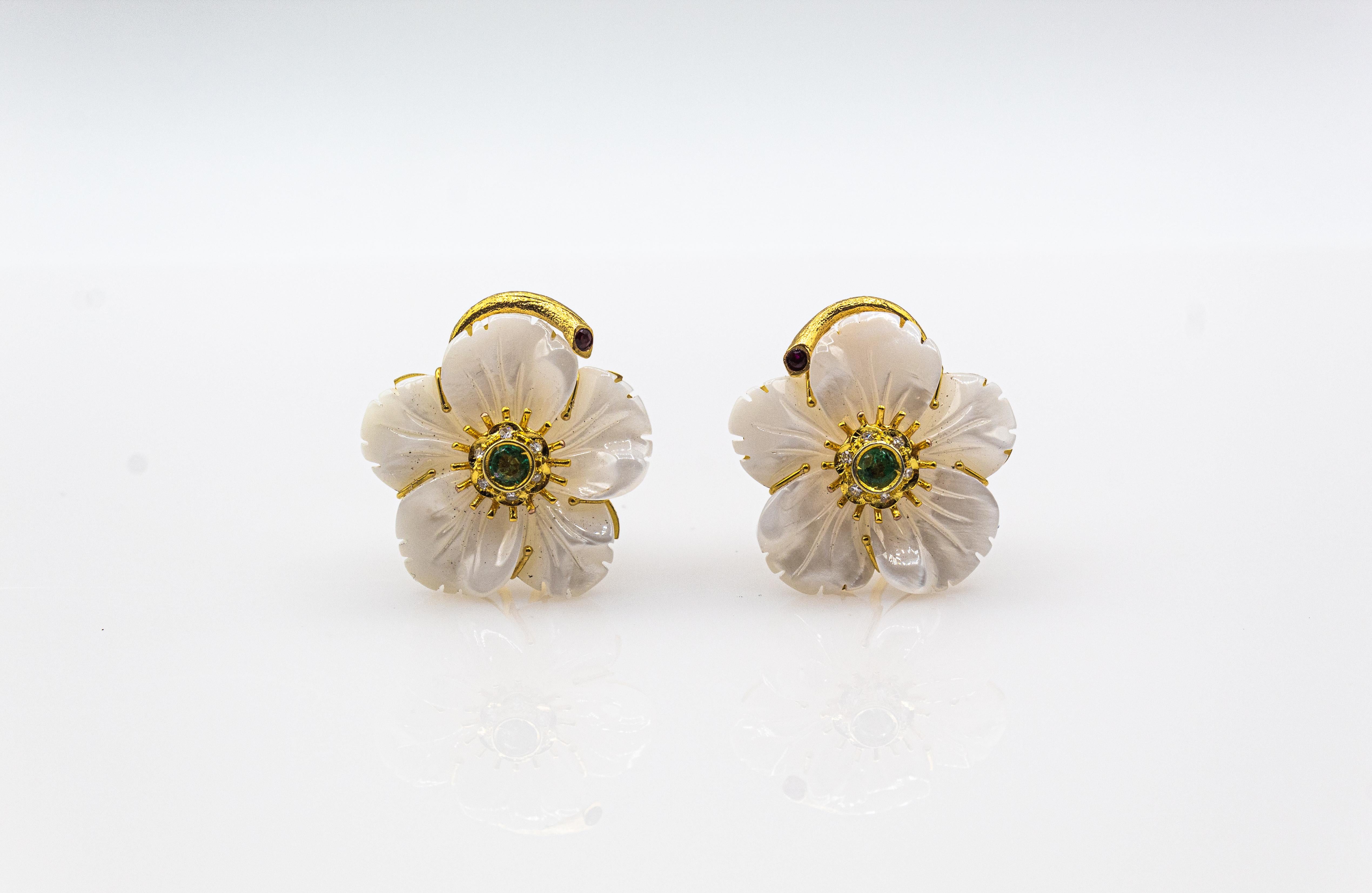Art Nouveau Diamond Emerald Ruby Mother of Pearl Yellow Gold Flowers Earrings For Sale 3