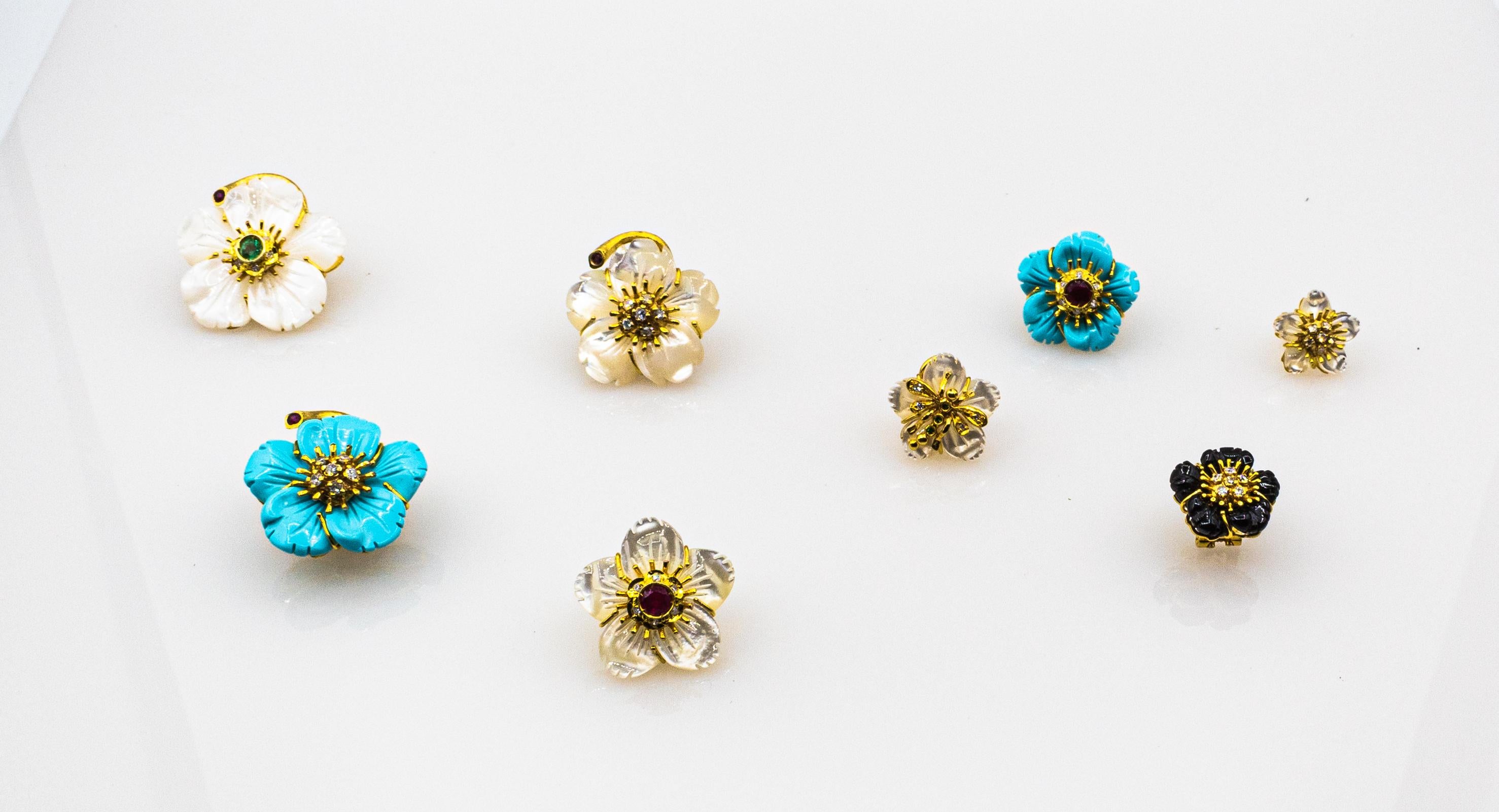 Art Nouveau Diamond Emerald Ruby Mother of Pearl Yellow Gold Flowers Earrings en venta 3