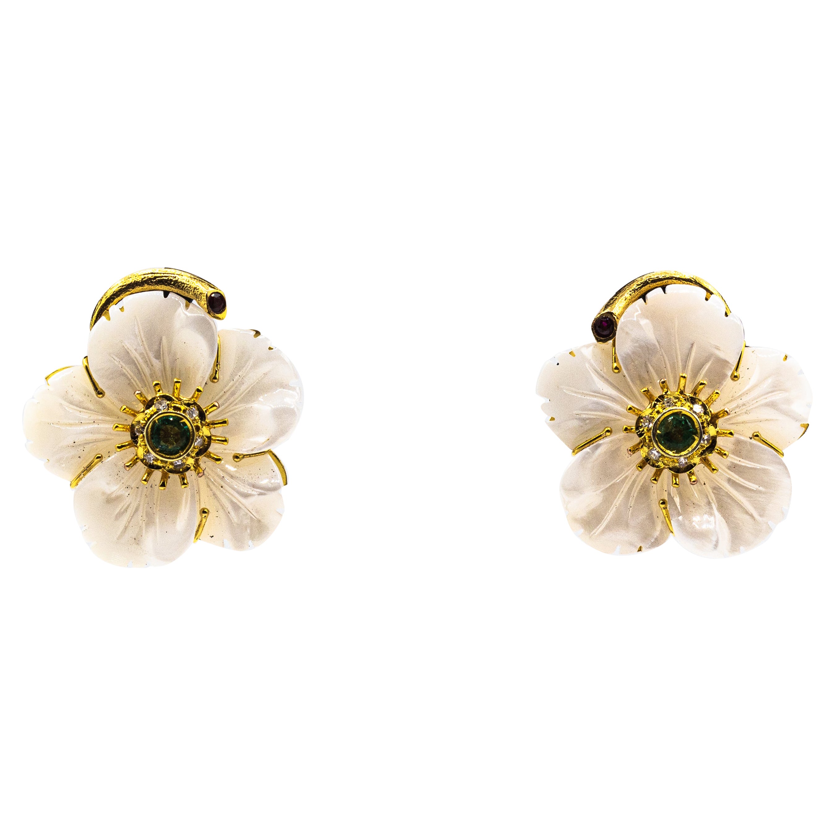 Art Nouveau Diamond Emerald Ruby Mother of Pearl Yellow Gold Flowers Earrings