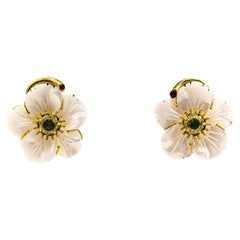 Art Nouveau Diamond Emerald Ruby Mother of Pearl Yellow Gold Flowers Earrings