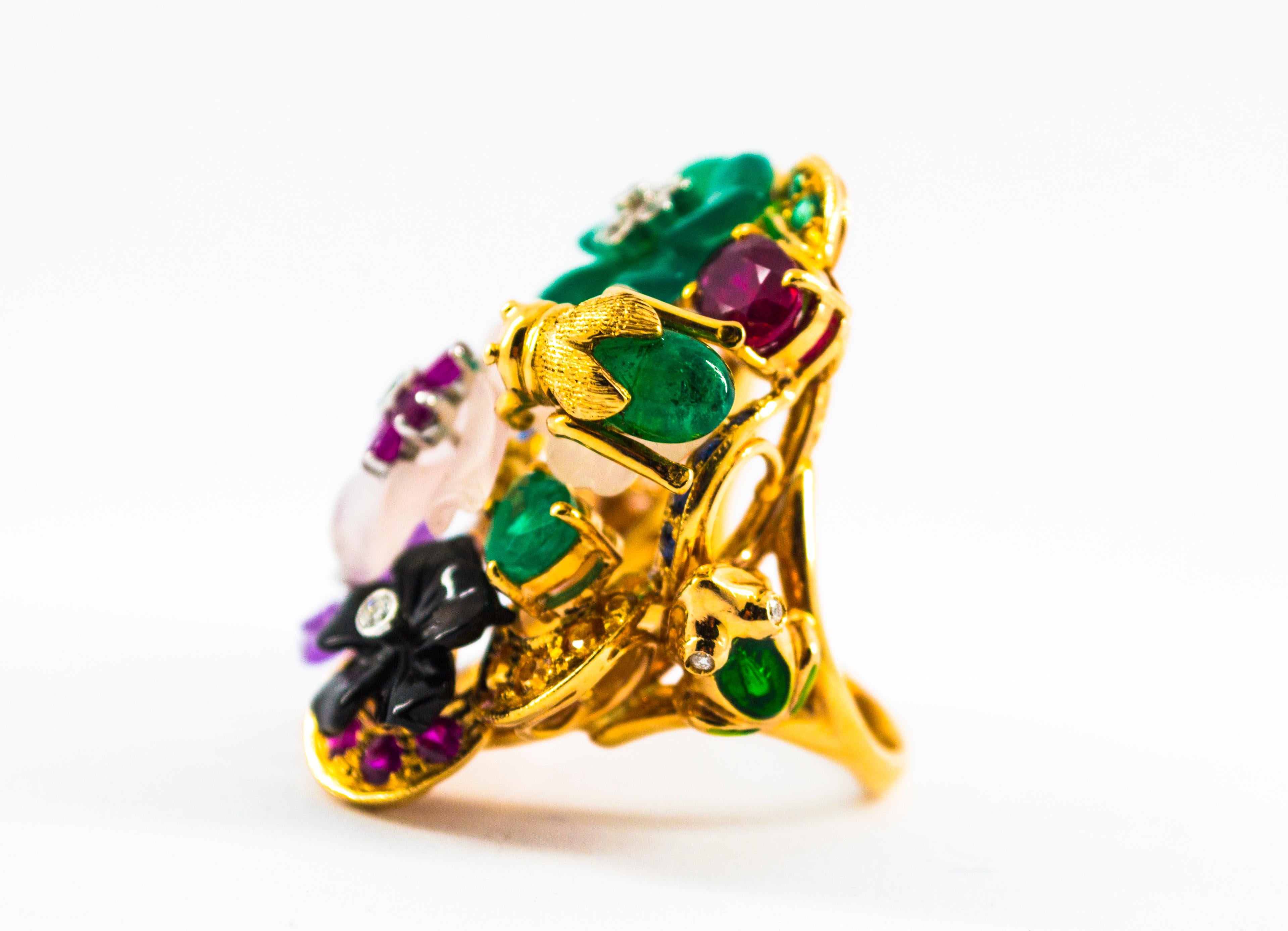 Art Nouveau Diamond Emerald Ruby Sapphire Amethyst Agate Cocktail “Flowers” Ring 6