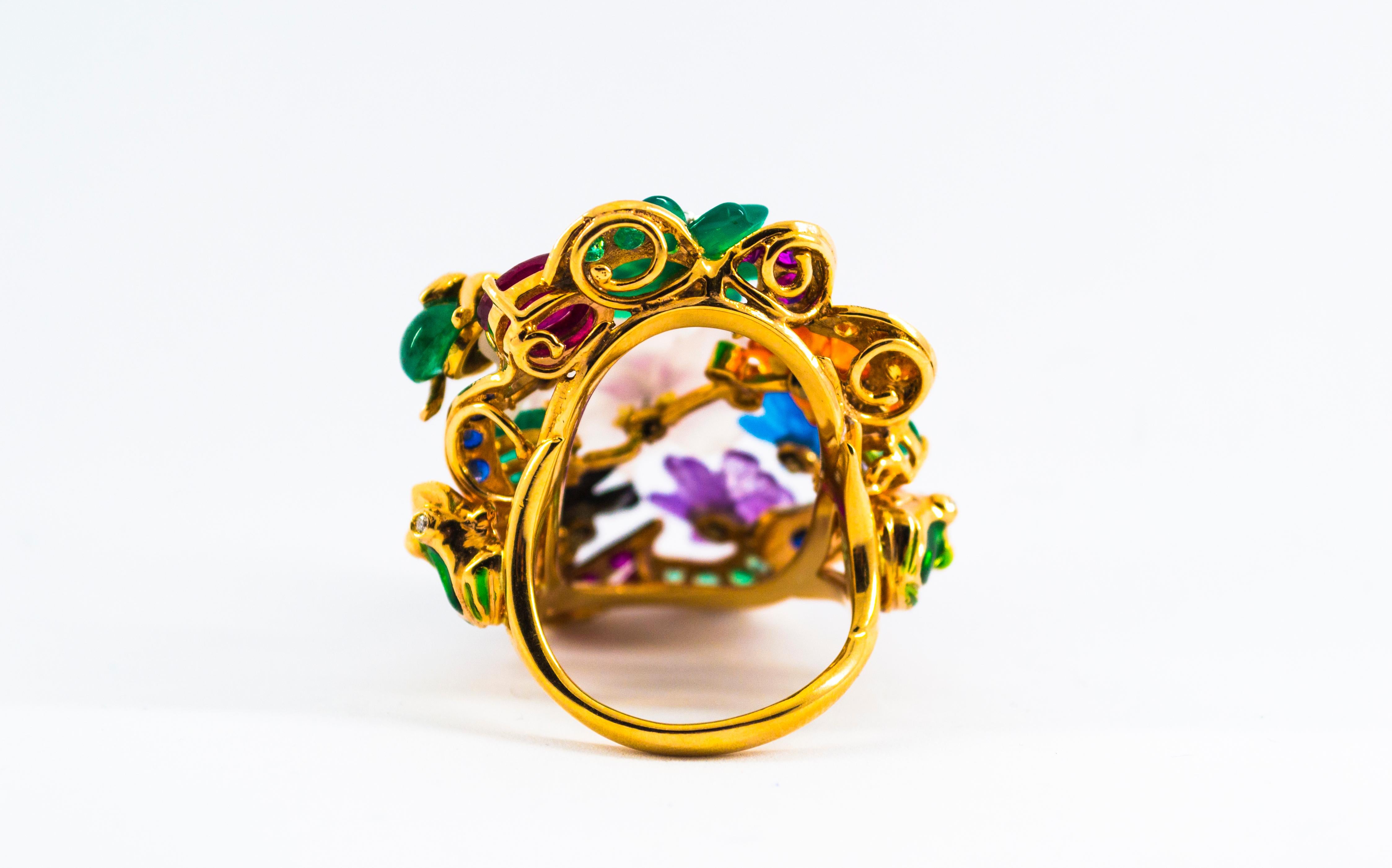 Art Nouveau Diamond Emerald Ruby Sapphire Amethyst Agate Cocktail “Flowers” Ring 7