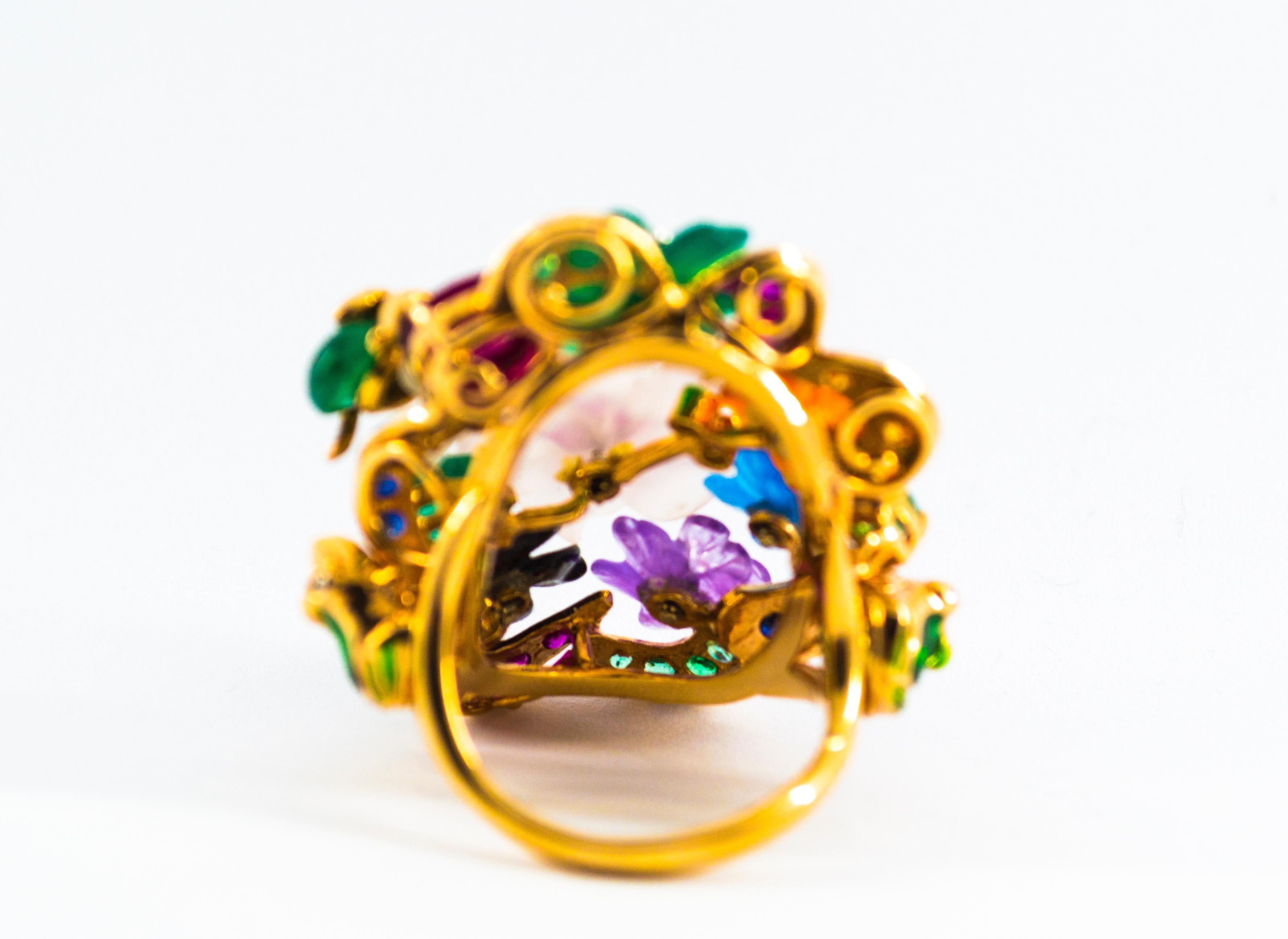 Art Nouveau Diamond Emerald Ruby Sapphire Amethyst Agate Cocktail “Flowers” Ring 8