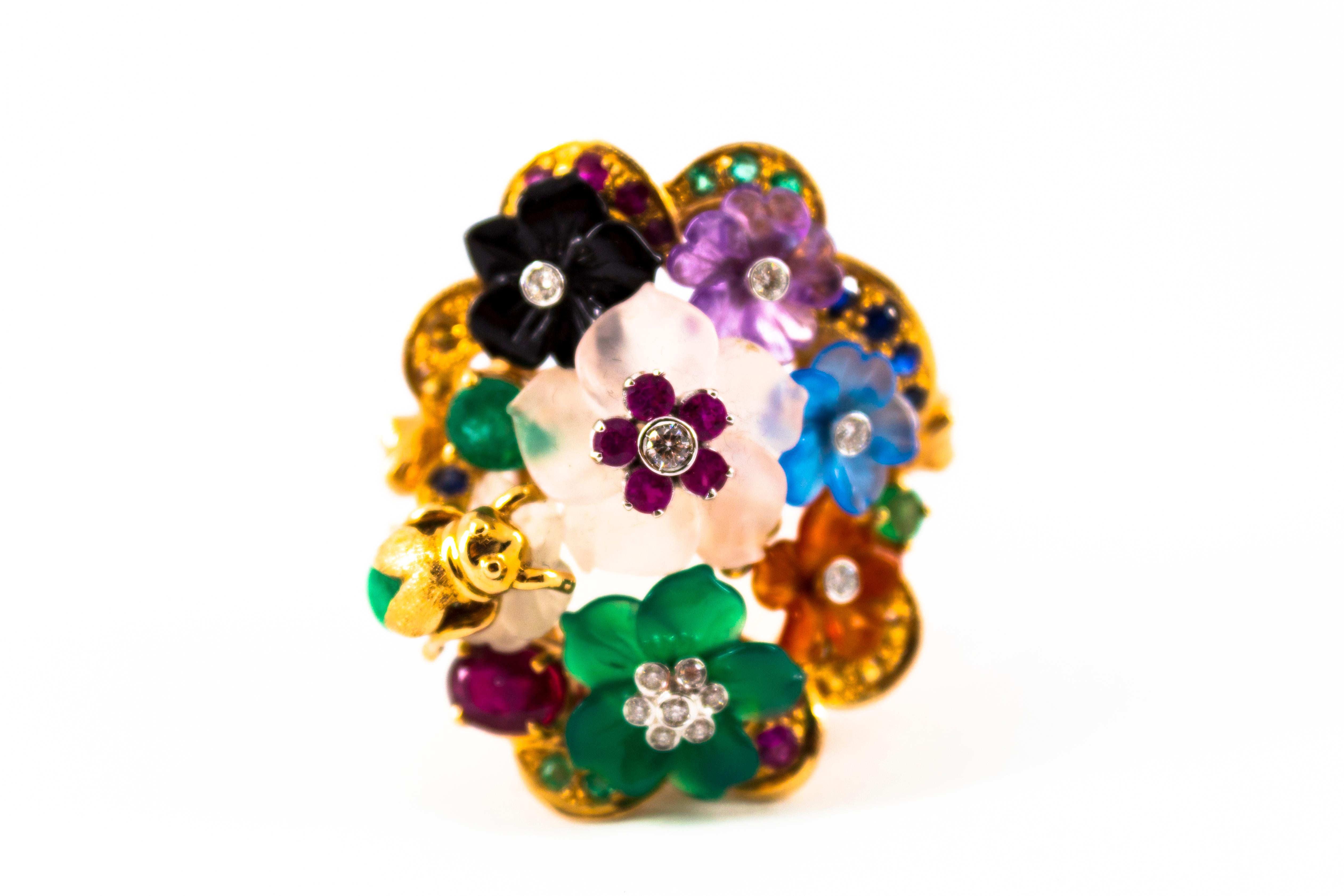 Art Nouveau Diamond Emerald Ruby Sapphire Amethyst Agate Cocktail “Flowers” Ring In New Condition In Naples, IT