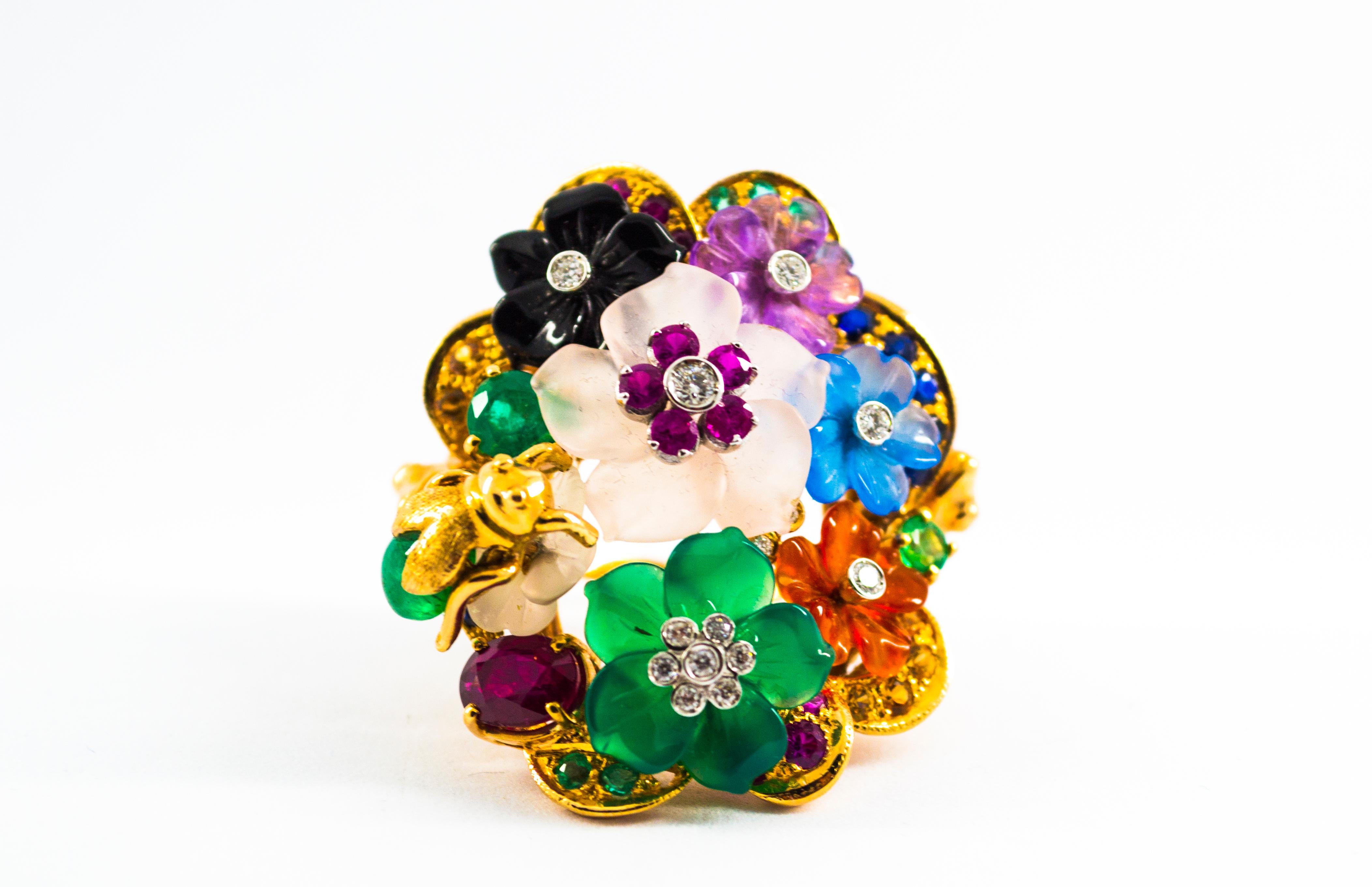 Women's or Men's Art Nouveau Diamond Emerald Ruby Sapphire Amethyst Agate Cocktail “Flowers” Ring