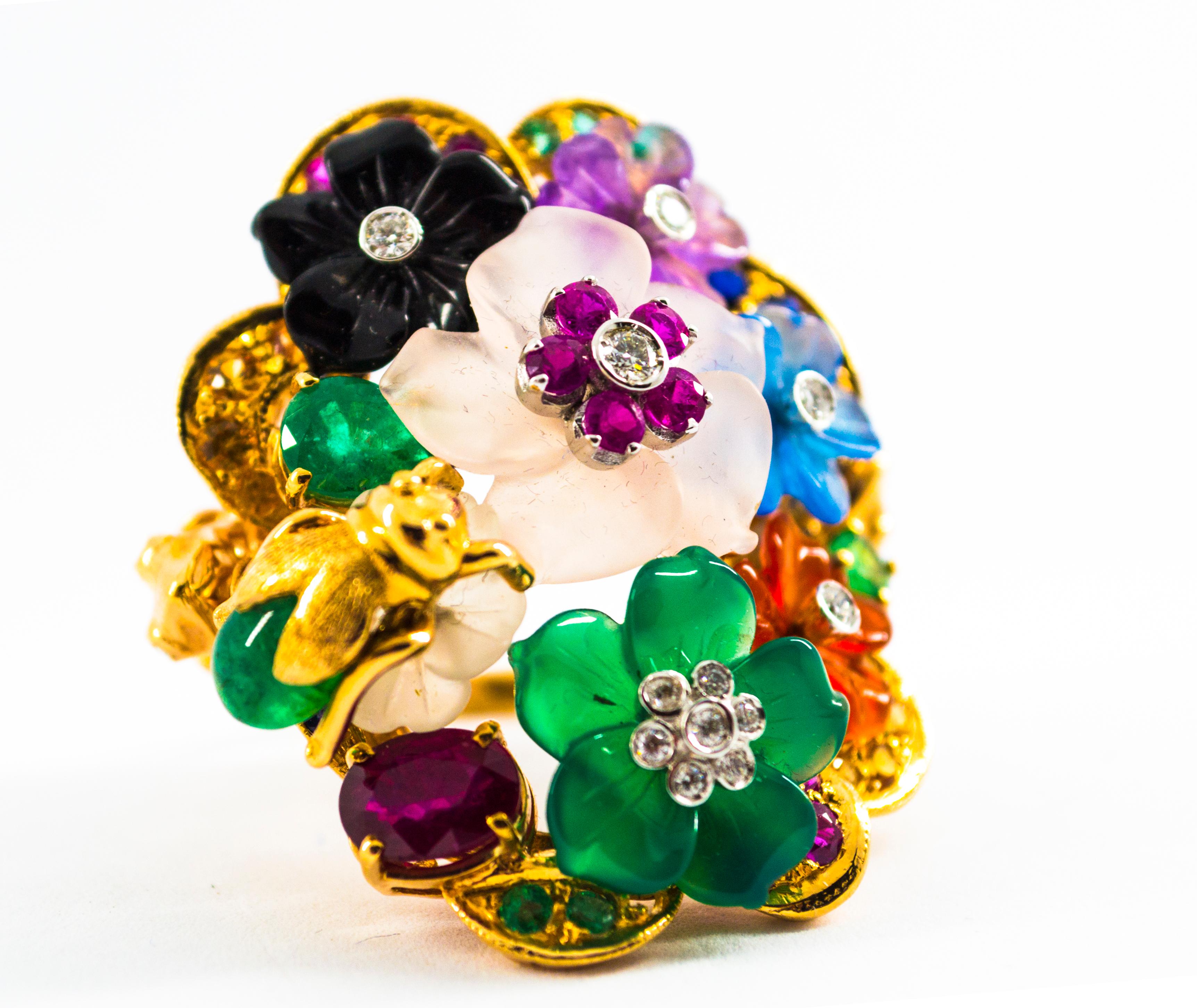 Art Nouveau Diamond Emerald Ruby Sapphire Amethyst Agate Cocktail “Flowers” Ring 2