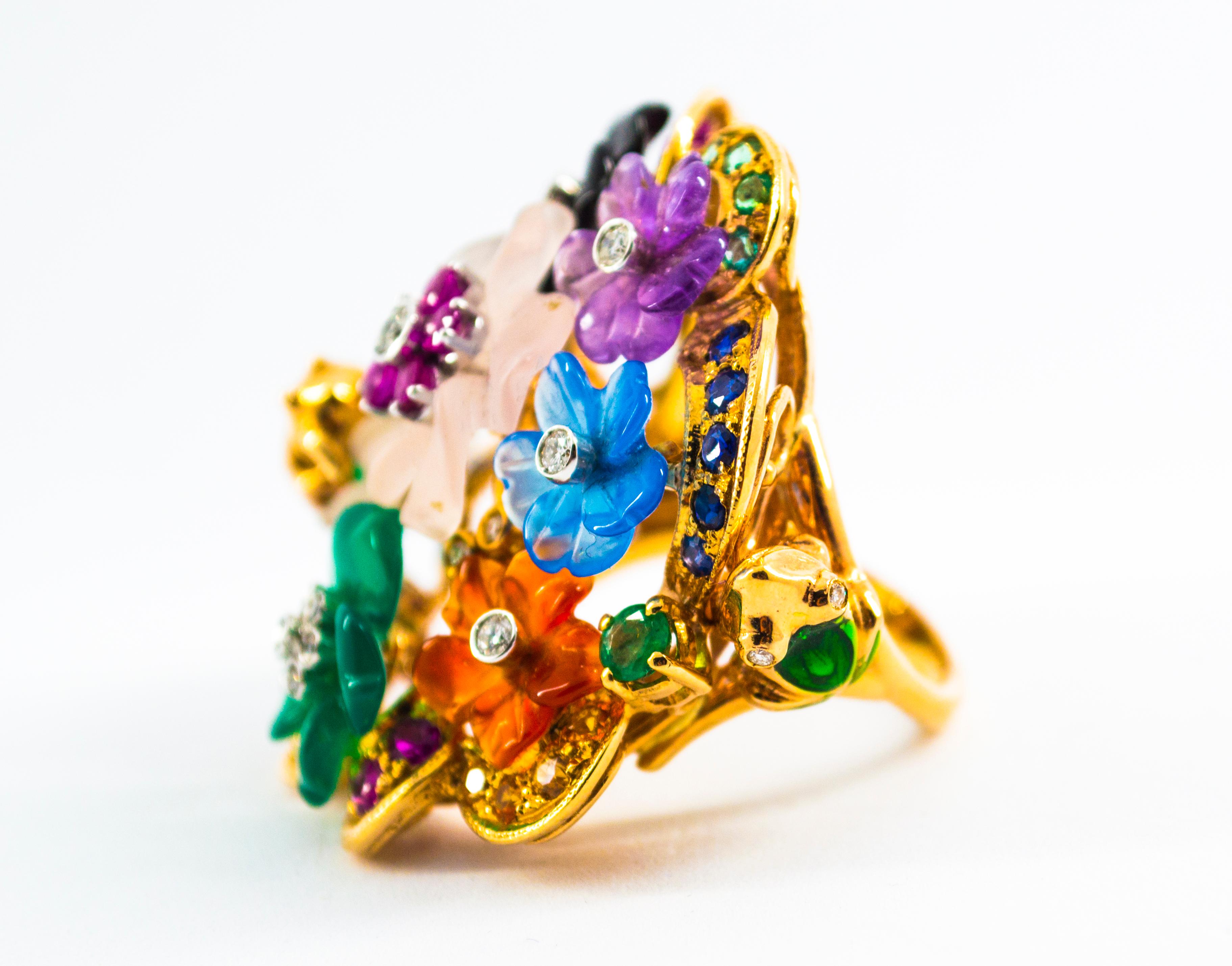 Art Nouveau Diamond Emerald Ruby Sapphire Amethyst Agate Cocktail “Flowers” Ring 3