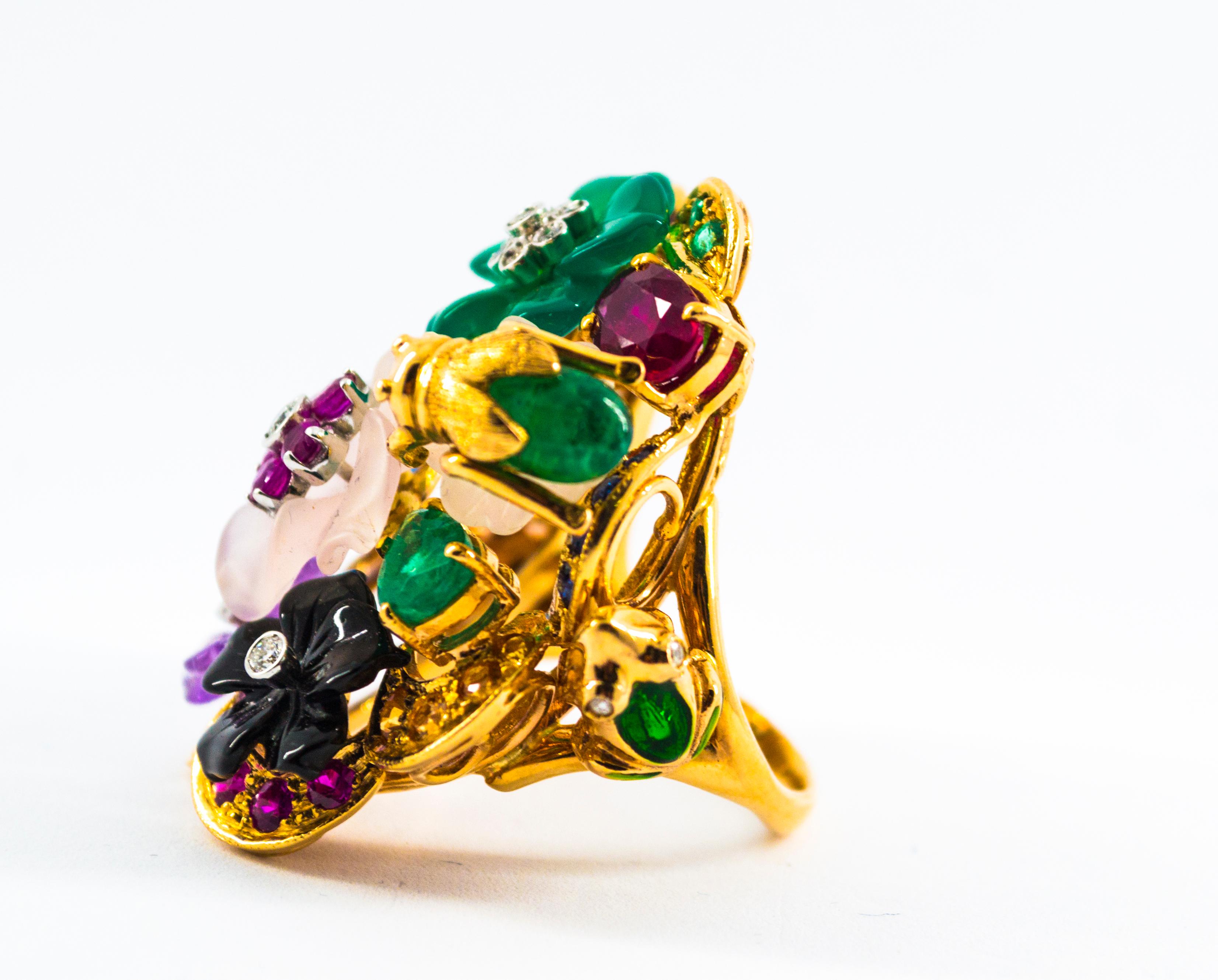 Art Nouveau Diamond Emerald Ruby Sapphire Amethyst Agate Cocktail “Flowers” Ring 5
