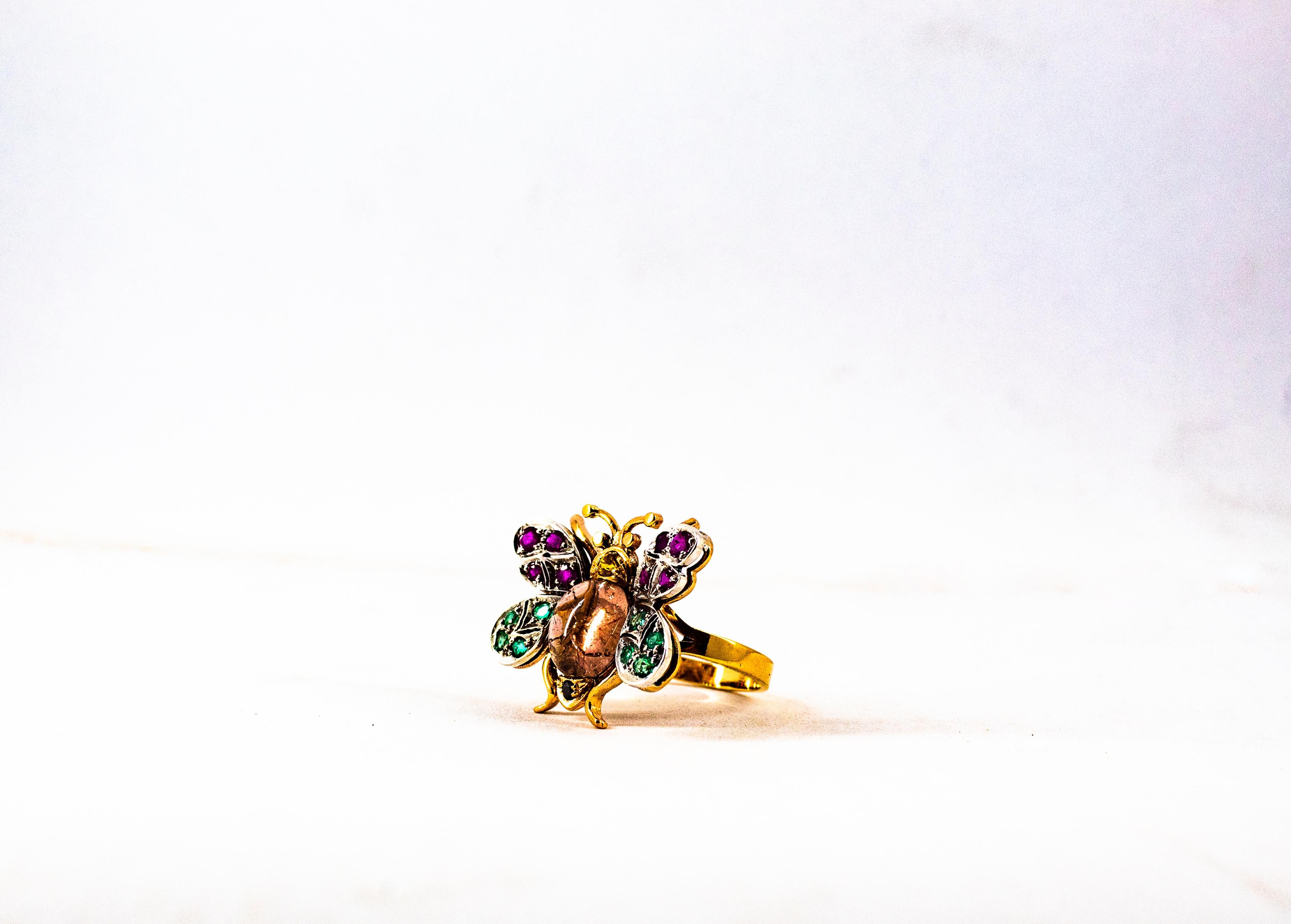 Jugendstil Diamant Smaragd Saphir Rubin Turmalin Gelbgold Cocktail Ring im Angebot 4