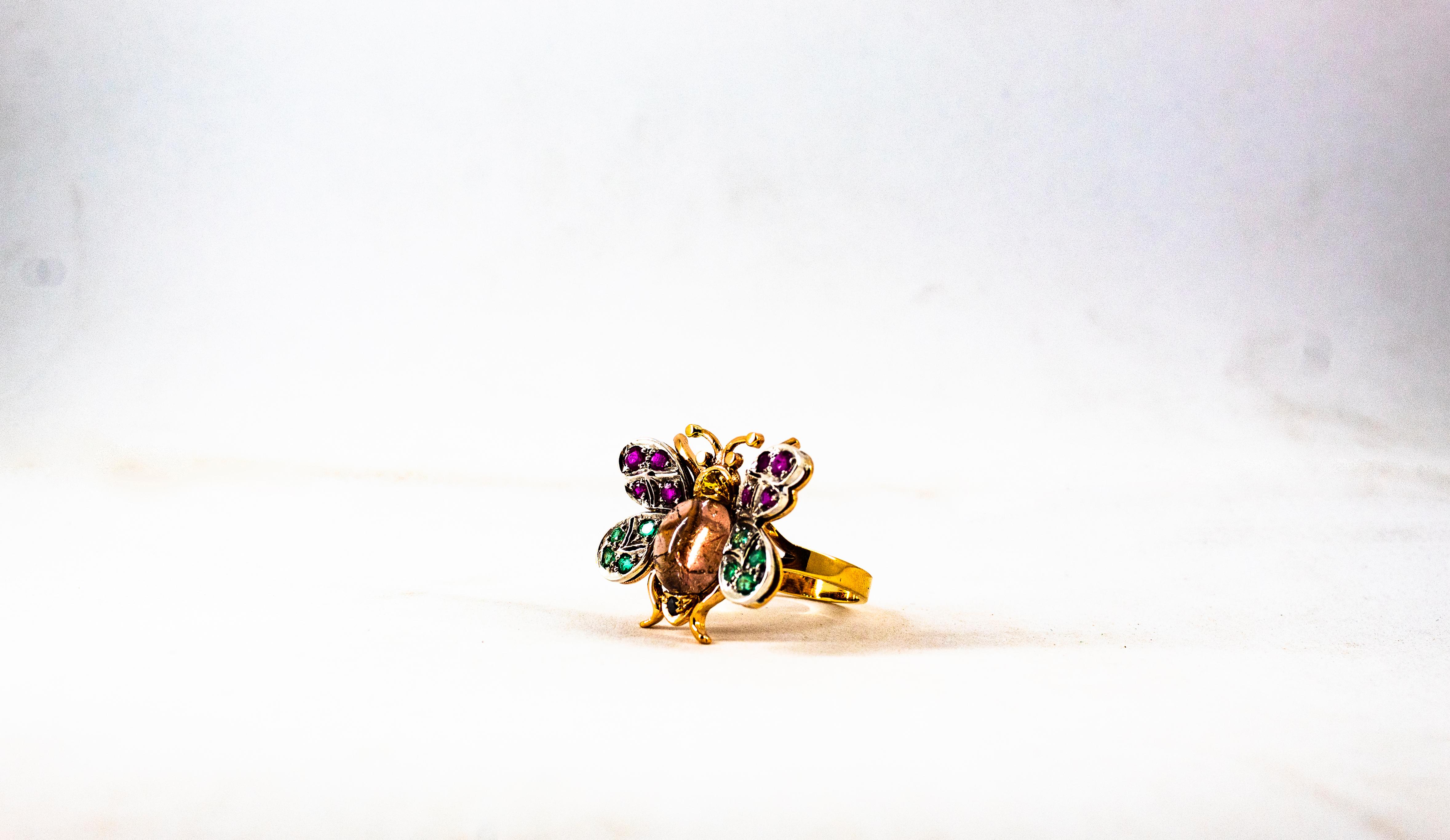 Jugendstil Diamant Smaragd Saphir Rubin Turmalin Gelbgold Cocktail Ring im Angebot 5