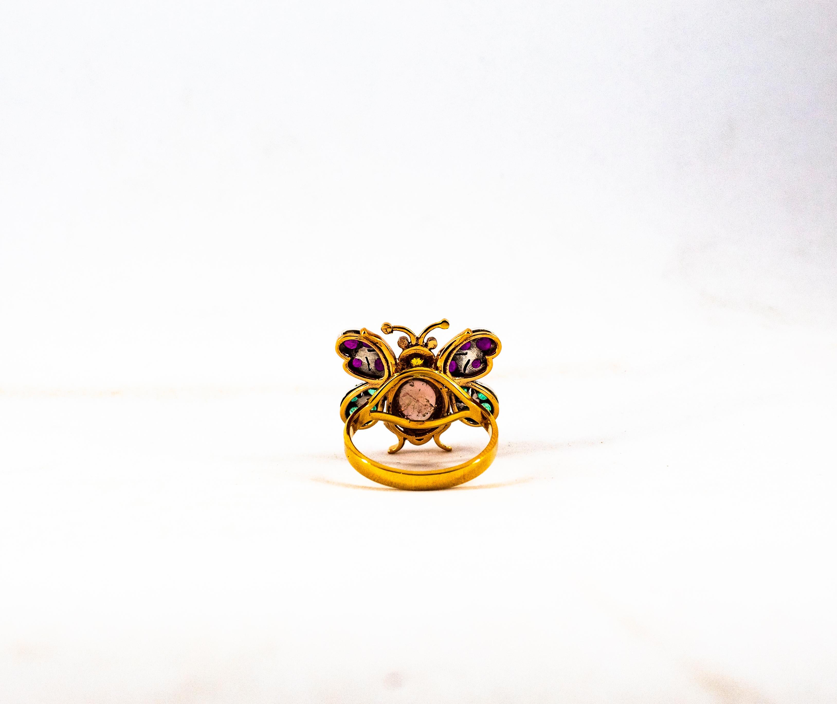 Jugendstil Diamant Smaragd Saphir Rubin Turmalin Gelbgold Cocktail Ring im Angebot 6