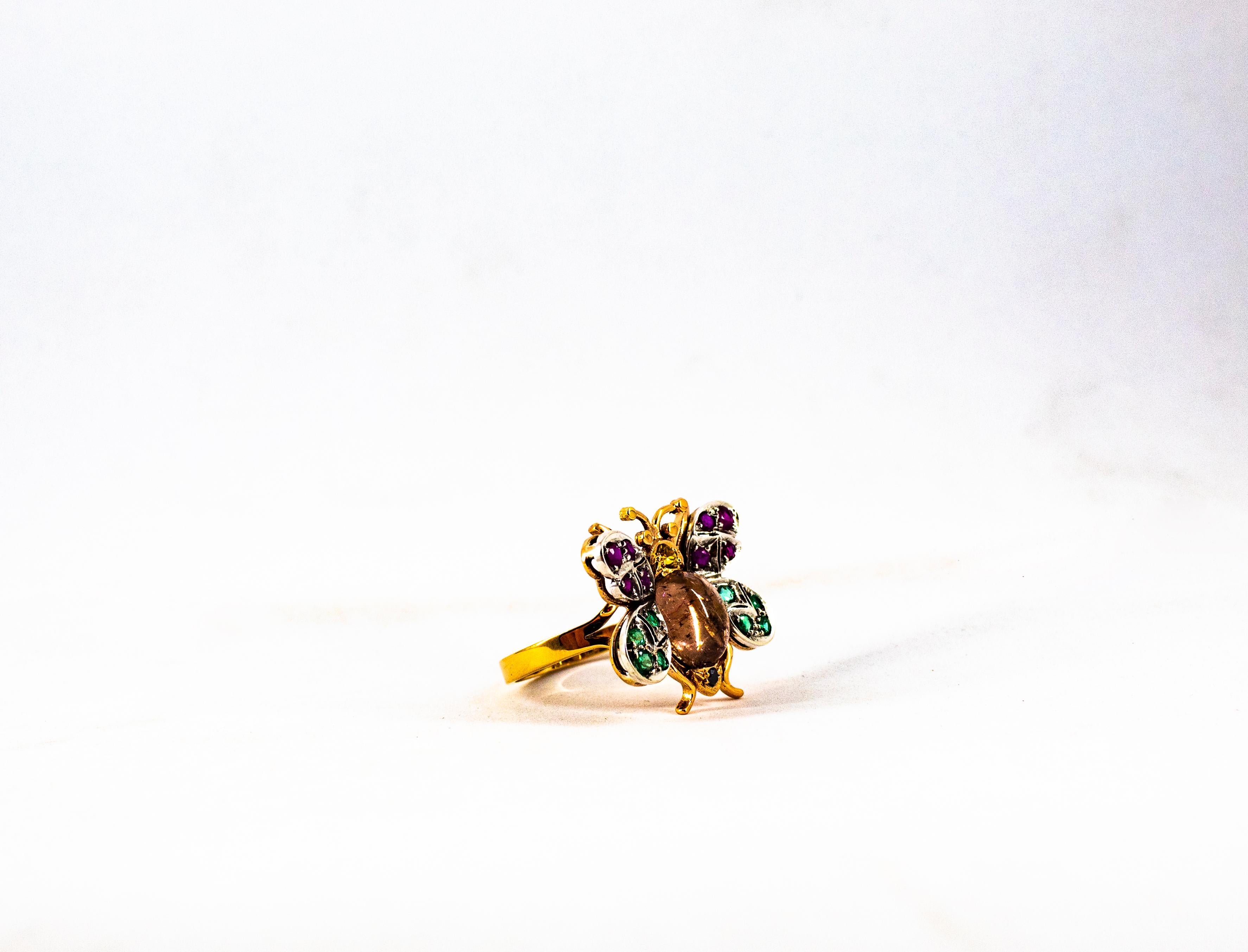 Jugendstil Diamant Smaragd Saphir Rubin Turmalin Gelbgold Cocktail Ring im Angebot 7