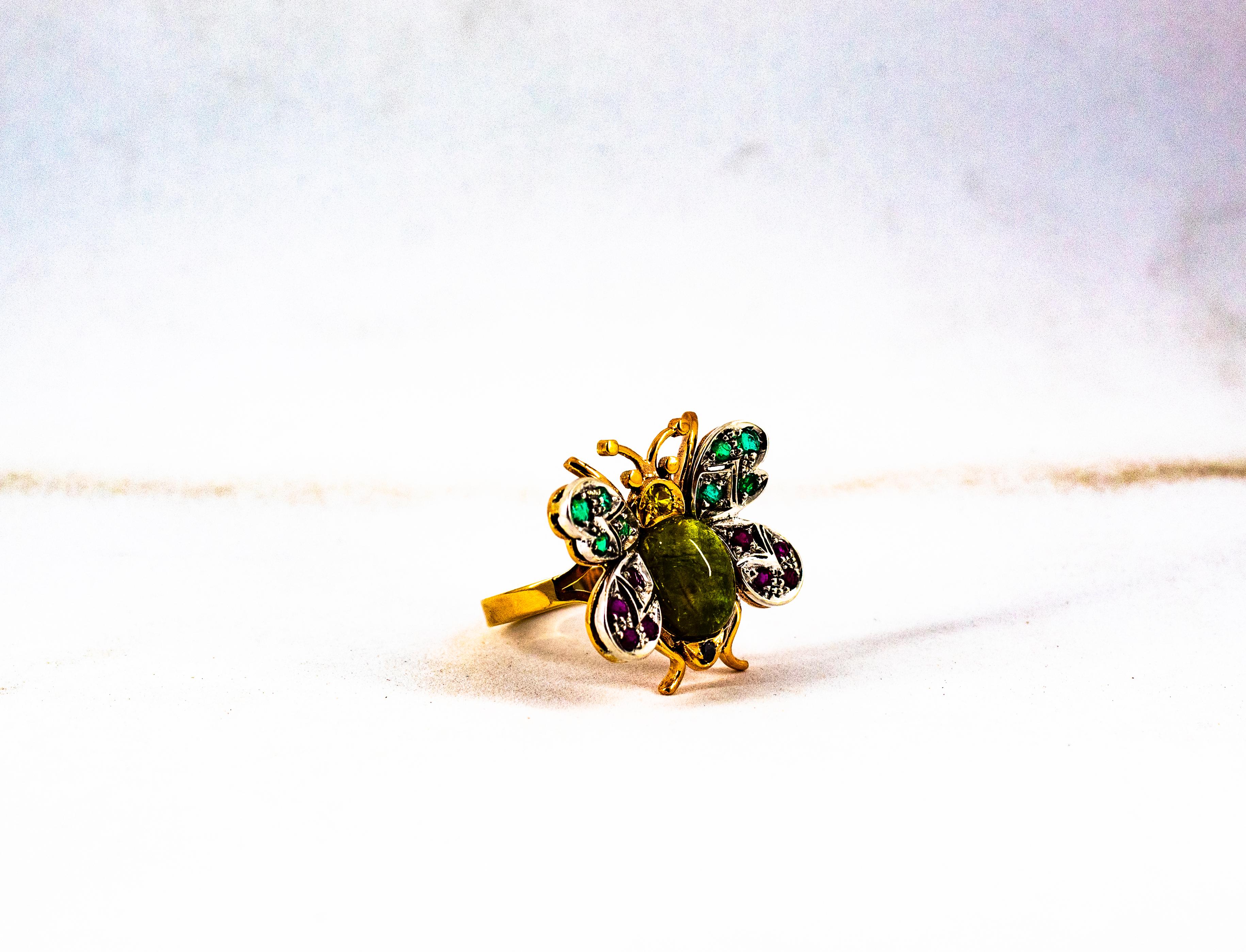 White Diamond Emerald Sapphire Ruby Green Tourmaline Yellow Gold Cocktail Ring 11