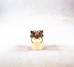 Art Nouveau Diamond Emerald Sapphire Ruby Tourmaline Yellow Gold Cocktail Ring