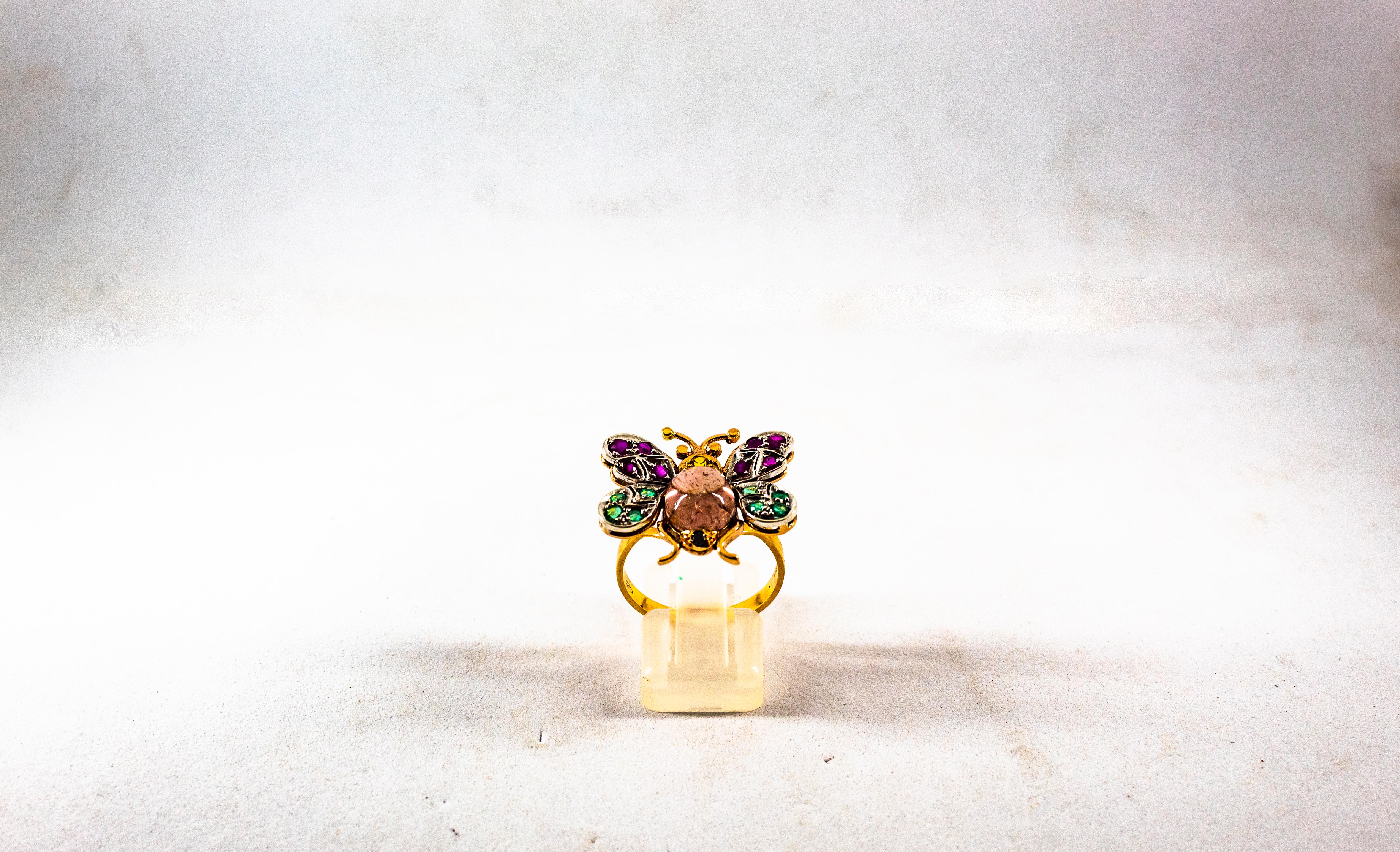 Rose Cut Art Nouveau Diamond Emerald Sapphire Ruby Tourmaline Yellow Gold Cocktail Ring For Sale