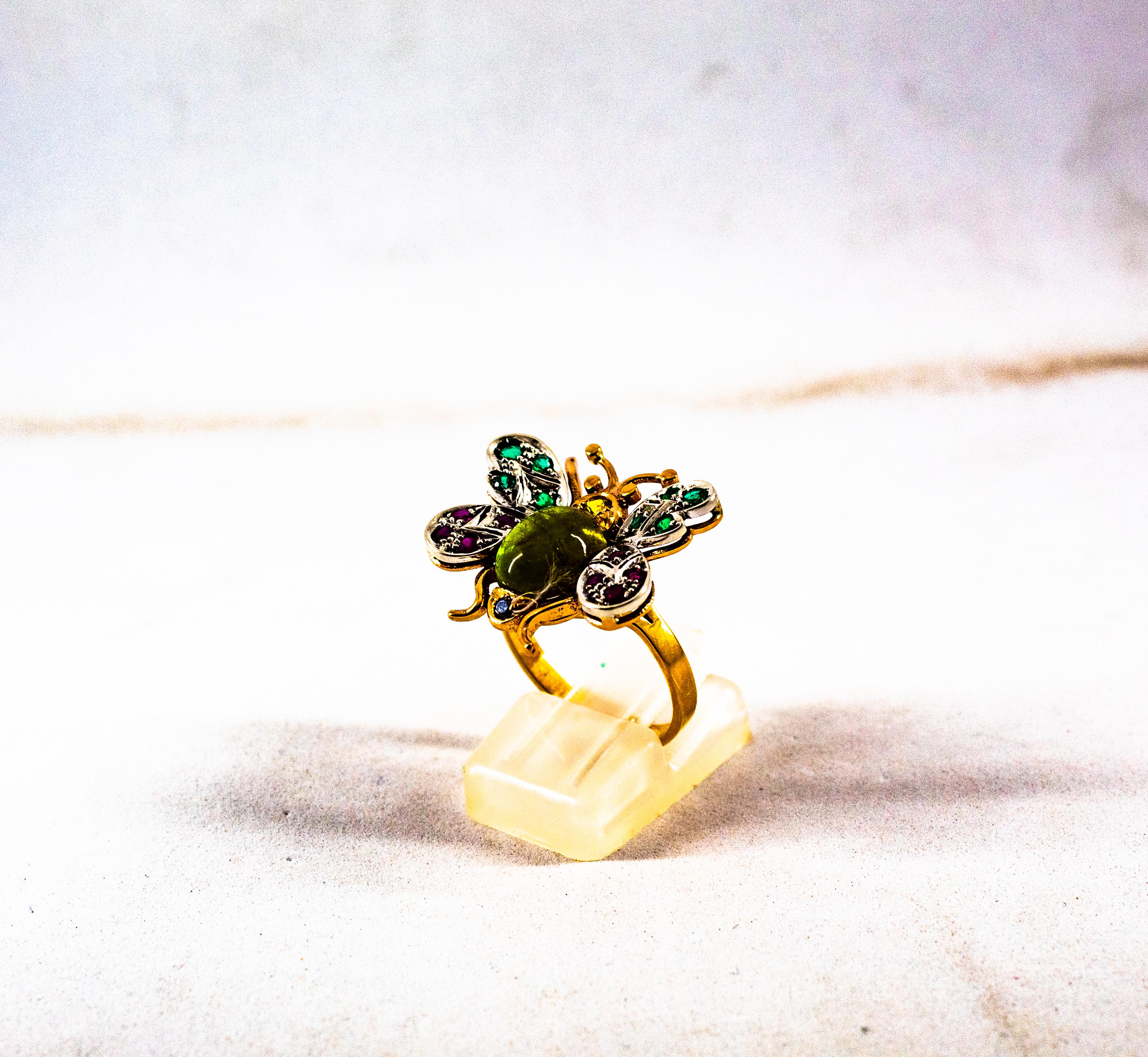 Gelbgold-Cocktailring mit weißem weißen Diamanten, Smaragd, Saphir, Rubin und grünem Turmalin (Rosenschliff)