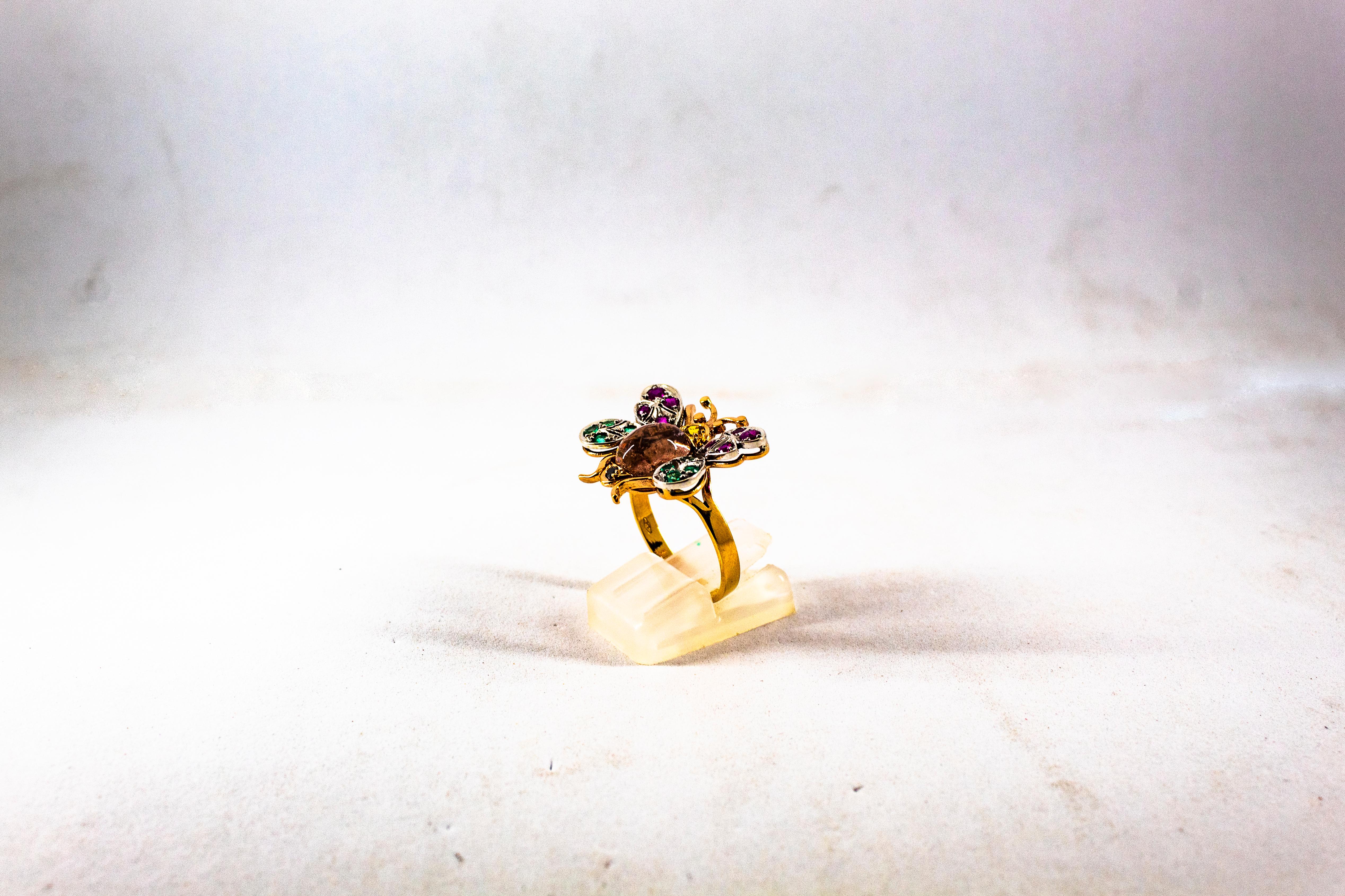 Anello da cocktail in oro giallo Art Nouveau con diamante, smeraldo, zaffiro, rubino e tormalina In condizioni Nuovo in vendita a Naples, IT