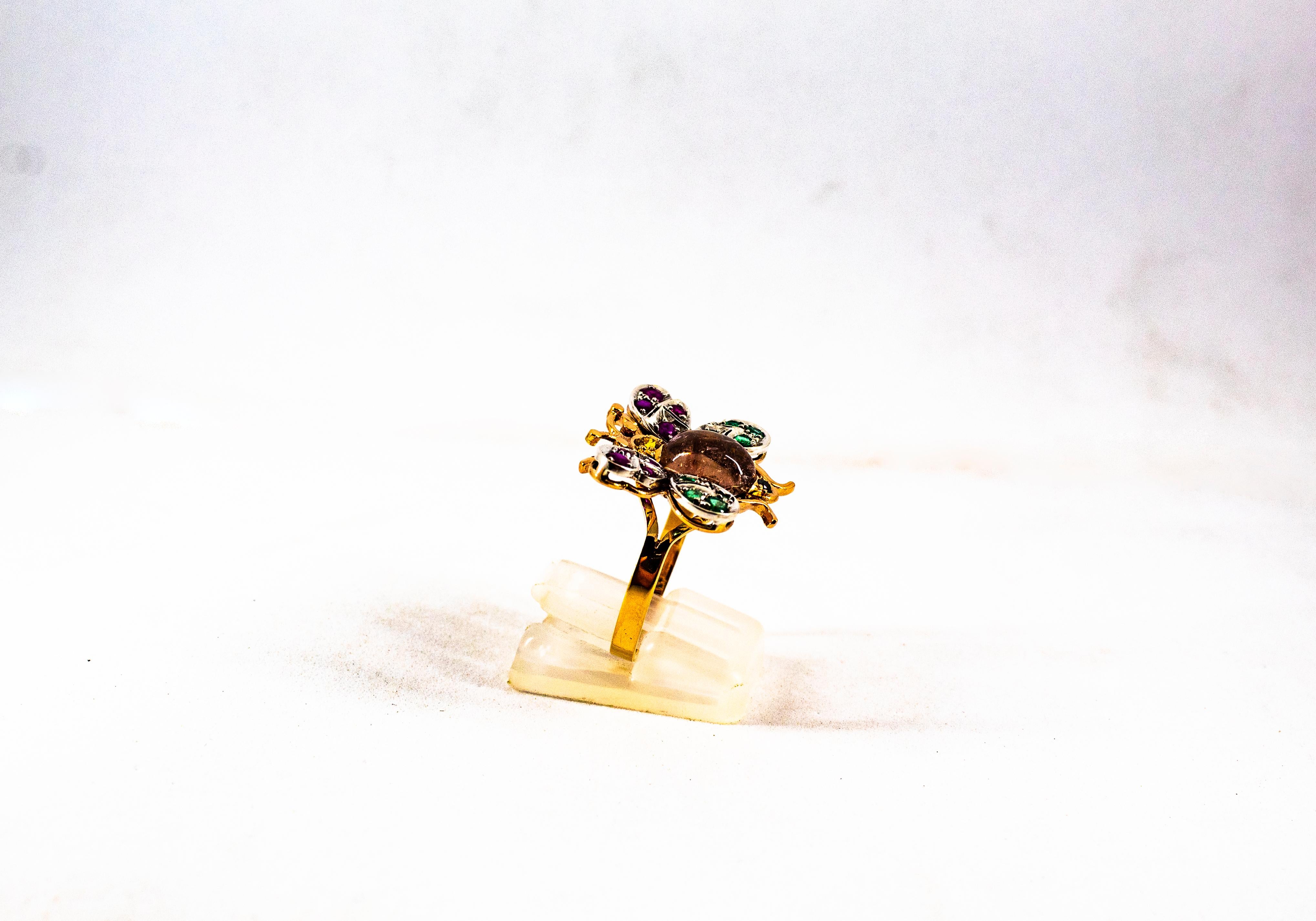Anello da cocktail in oro giallo Art Nouveau con diamante, smeraldo, zaffiro, rubino e tormalina in vendita 2