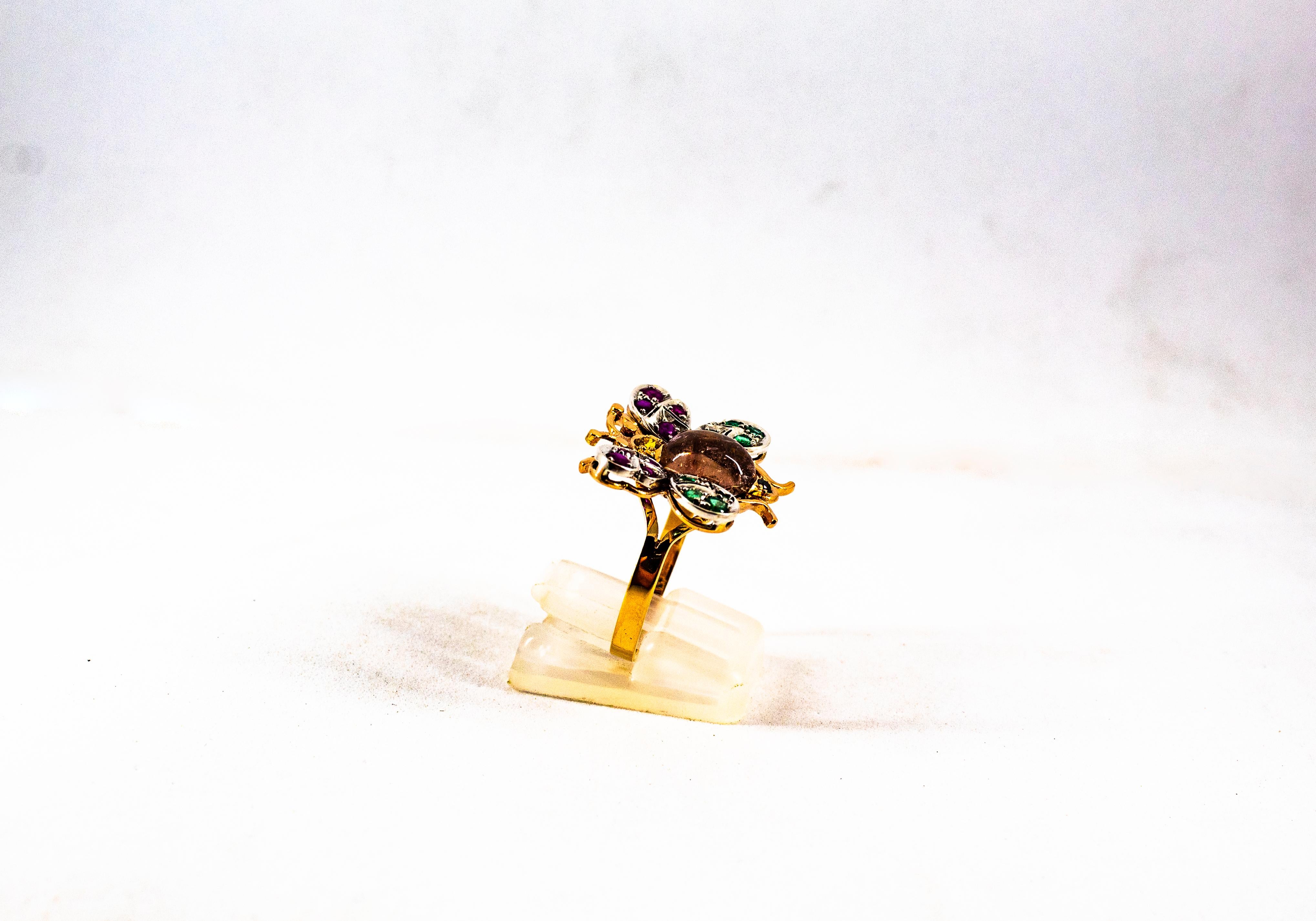 Art Nouveau Diamond Emerald Sapphire Ruby Tourmaline Yellow Gold Cocktail Ring For Sale 2