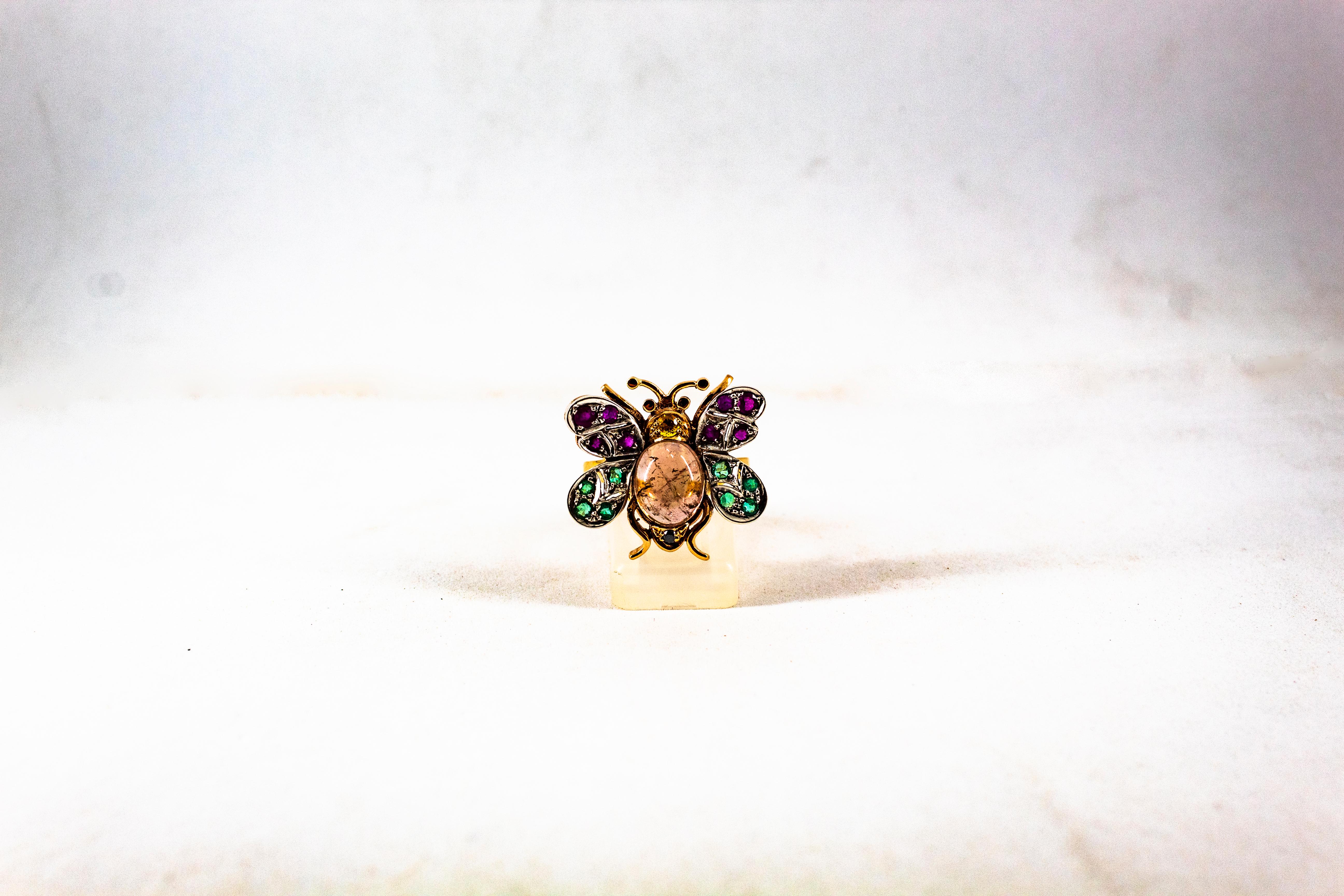Art Nouveau Diamond Emerald Sapphire Ruby Tourmaline Yellow Gold Cocktail Ring For Sale 3