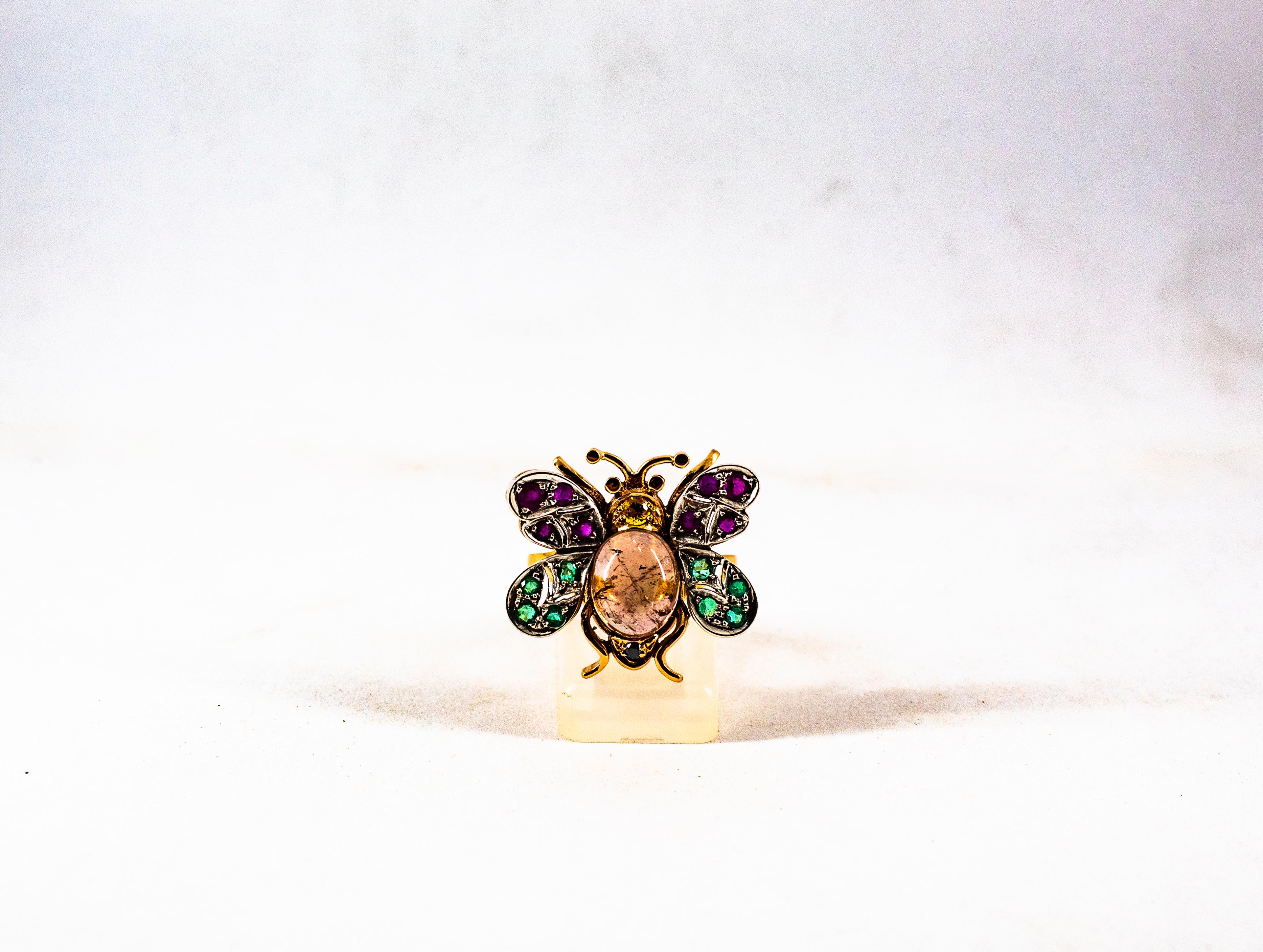 Art Nouveau Diamond Emerald Sapphire Ruby Tourmaline Yellow Gold Cocktail Ring For Sale 4