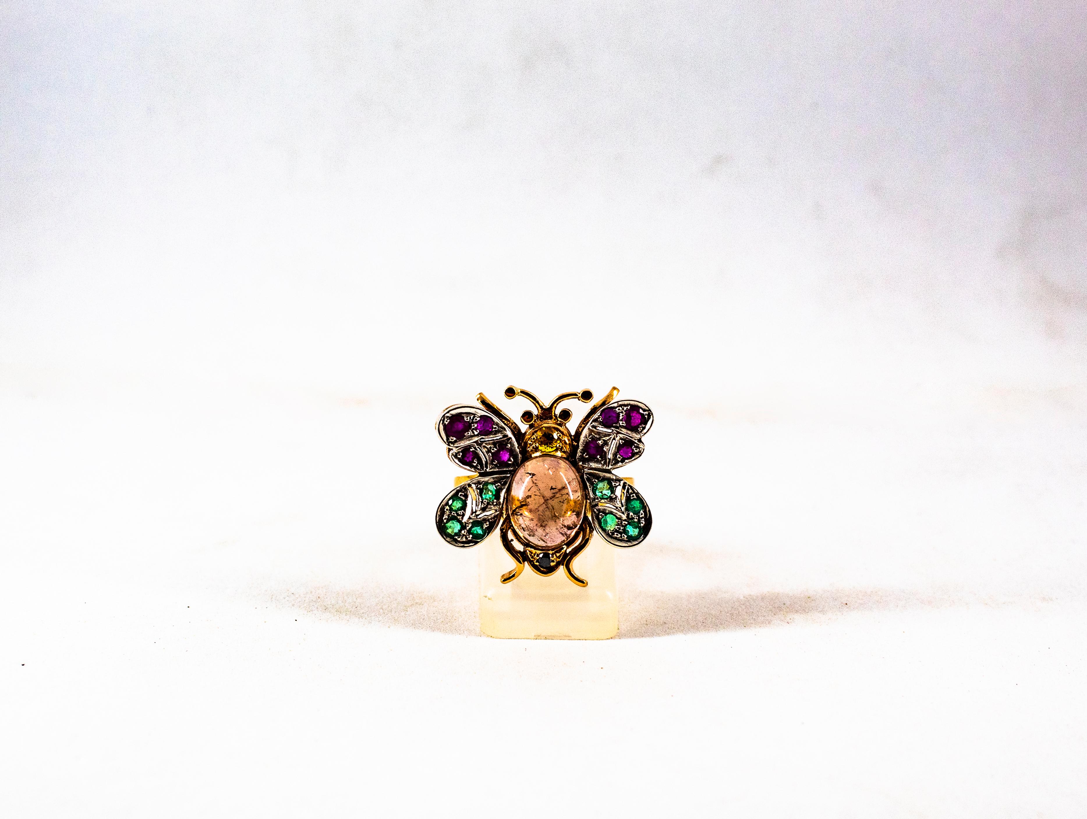 Jugendstil Diamant Smaragd Saphir Rubin Turmalin Gelbgold Cocktail Ring im Angebot 3