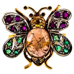 Vintage Art Nouveau Diamond Emerald Sapphire Ruby Tourmaline Yellow Gold Cocktail Ring