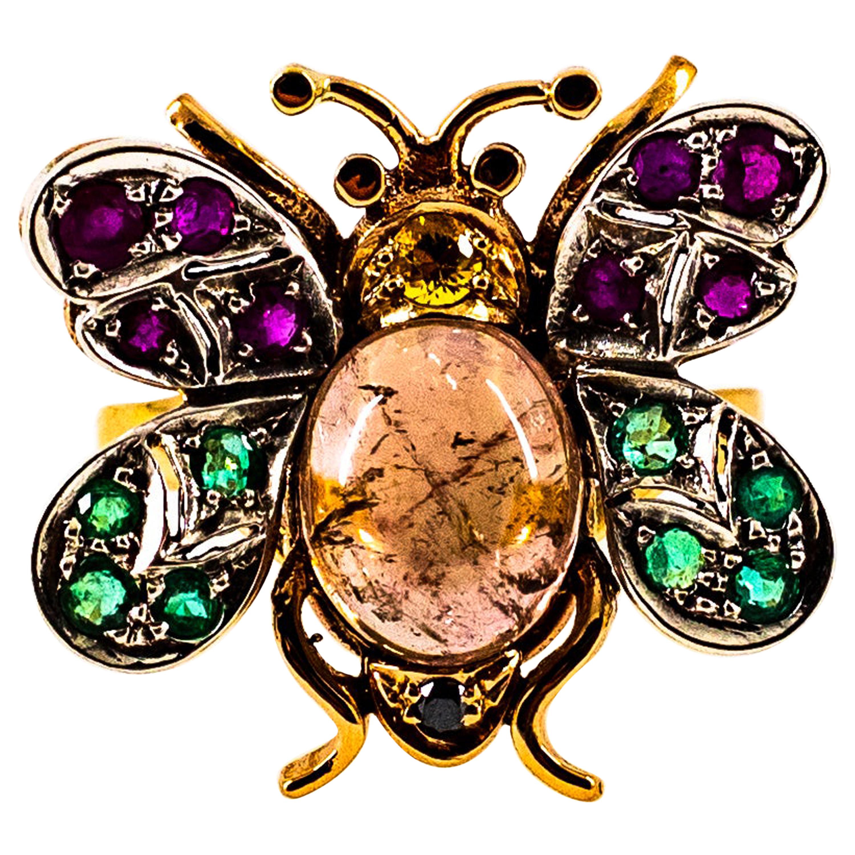 Jugendstil Diamant Smaragd Saphir Rubin Turmalin Gelbgold Cocktail Ring