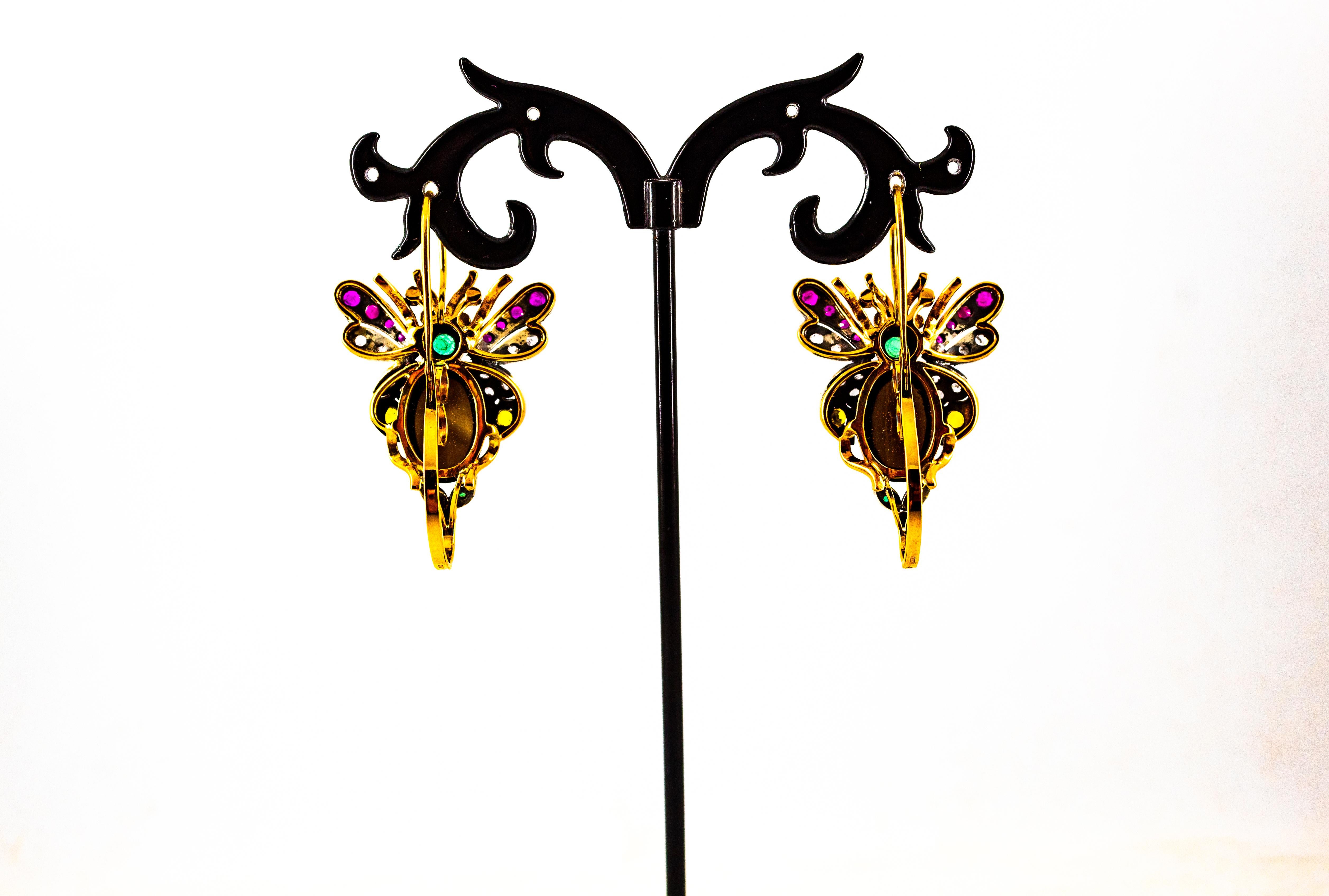 Art Nouveau Diamond Emerald Sapphire Tourmaline Yellow Gold Lever-Back Earrings For Sale 6
