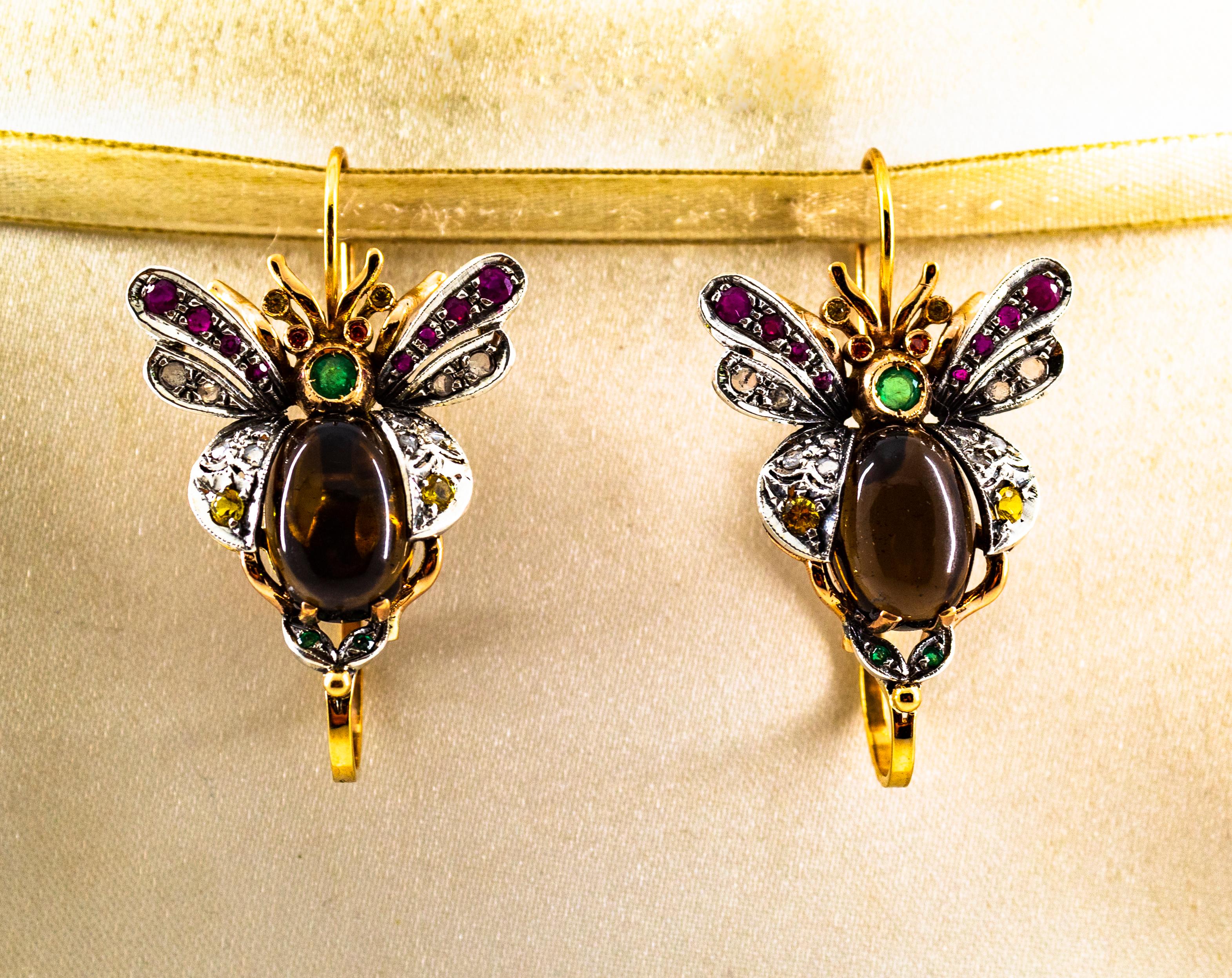 Rose Cut Art Nouveau Diamond Emerald Sapphire Tourmaline Yellow Gold Lever-Back Earrings For Sale