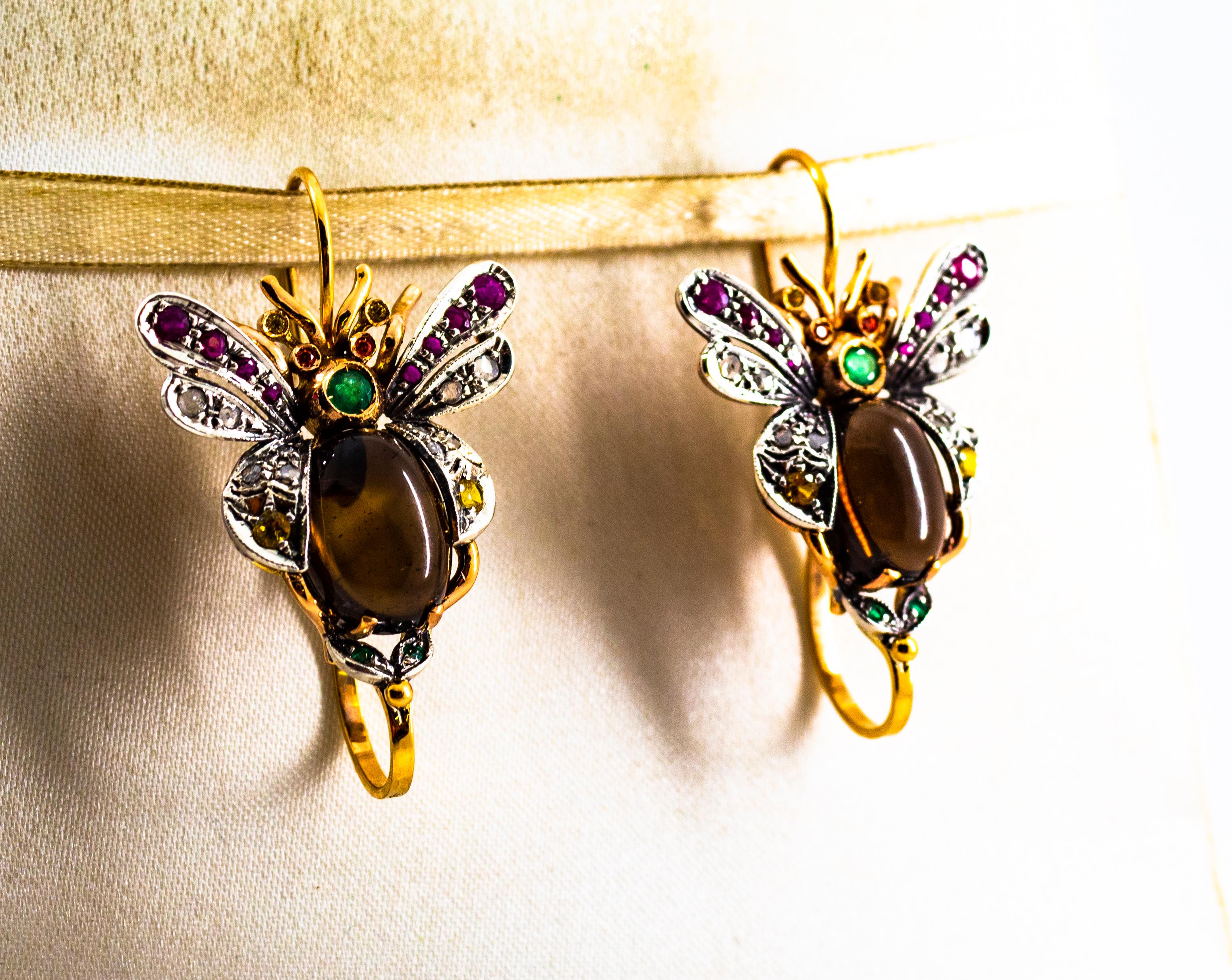 Jugendstil-Ohrringe mit Hebelverschluss aus Gelbgold mit Diamant, Smaragd, Saphir und Turmalin für Damen oder Herren