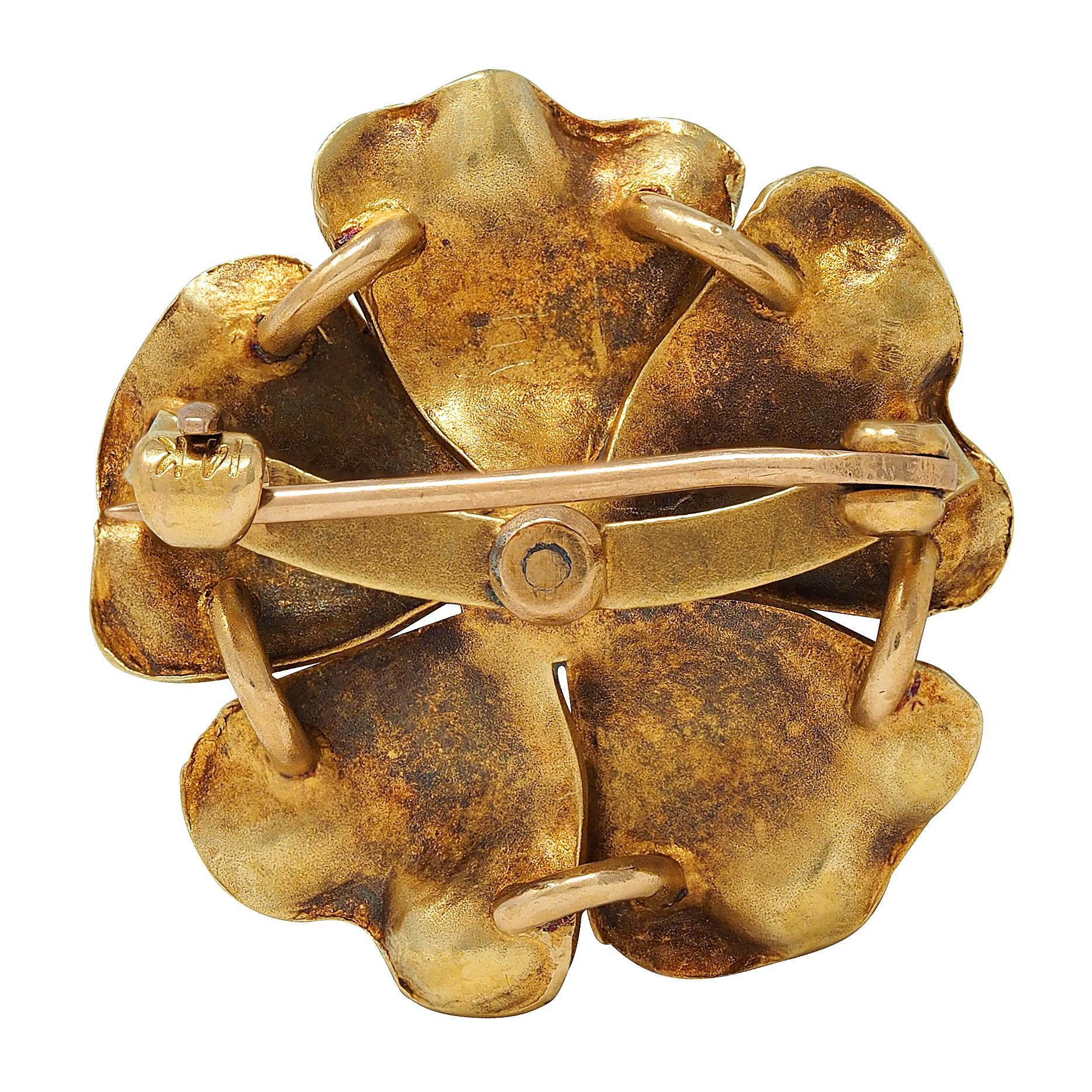 Old European Cut Art Nouveau Diamond Enamel 14 Karat Gold Antique Flower Brooch For Sale