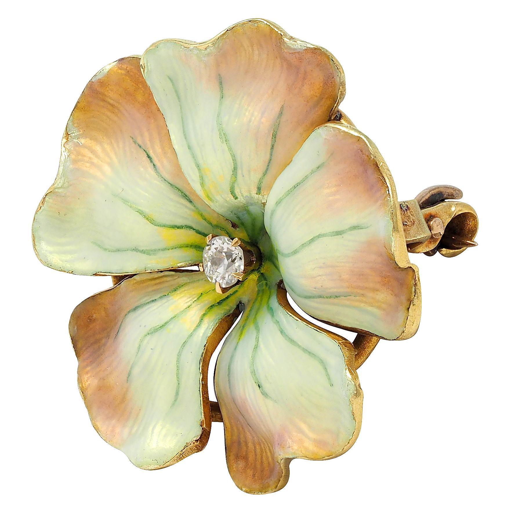 Art Nouveau Diamond Enamel 14 Karat Gold Antique Flower Brooch In Excellent Condition For Sale In Philadelphia, PA